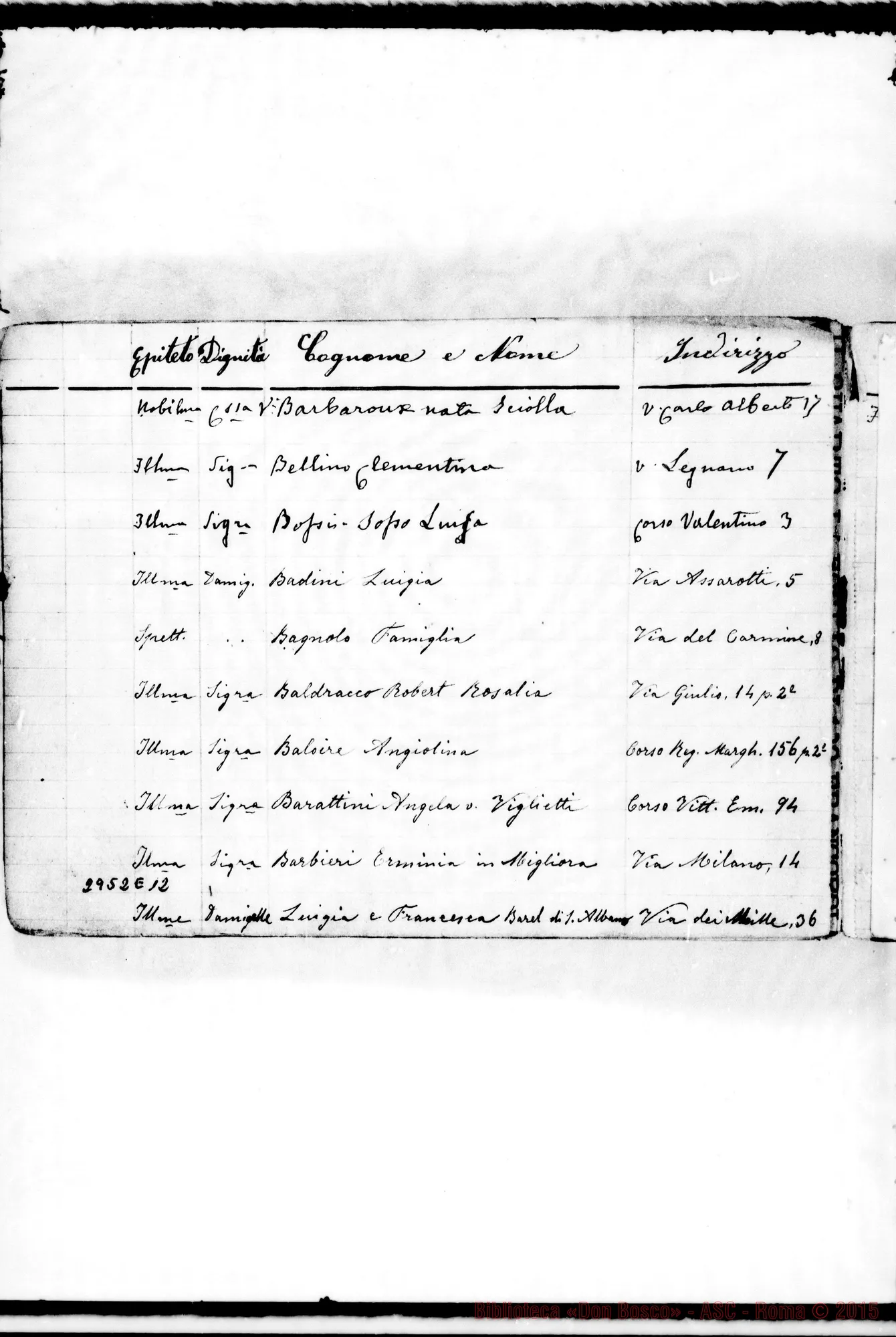 Fotogramma E 12 — Benefattrici:Quaderno con indirizzi di cooperatrici. Non tutto ms. di D. Rua