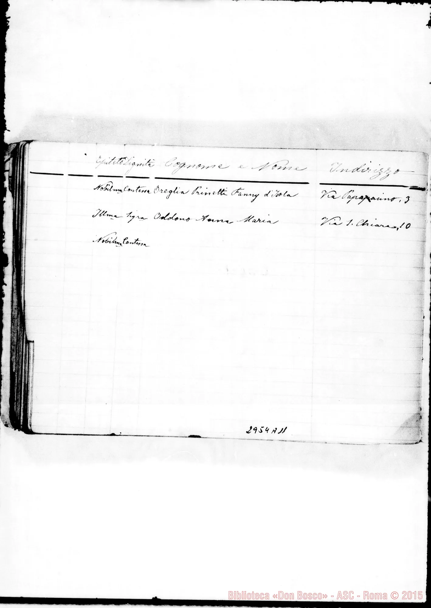 Fotogramma A 11 — Benefattrici:Quaderno con indirizzi di cooperatrici. Non tutto ms. di D. Rua