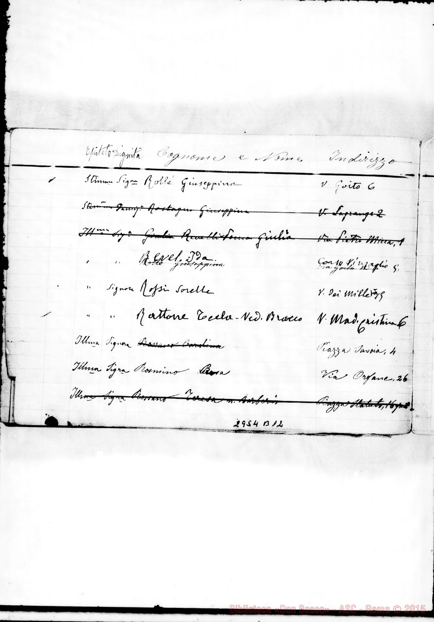 Fotogramma B 12 — Benefattrici:Quaderno con indirizzi di cooperatrici. Non tutto ms. di D. Rua