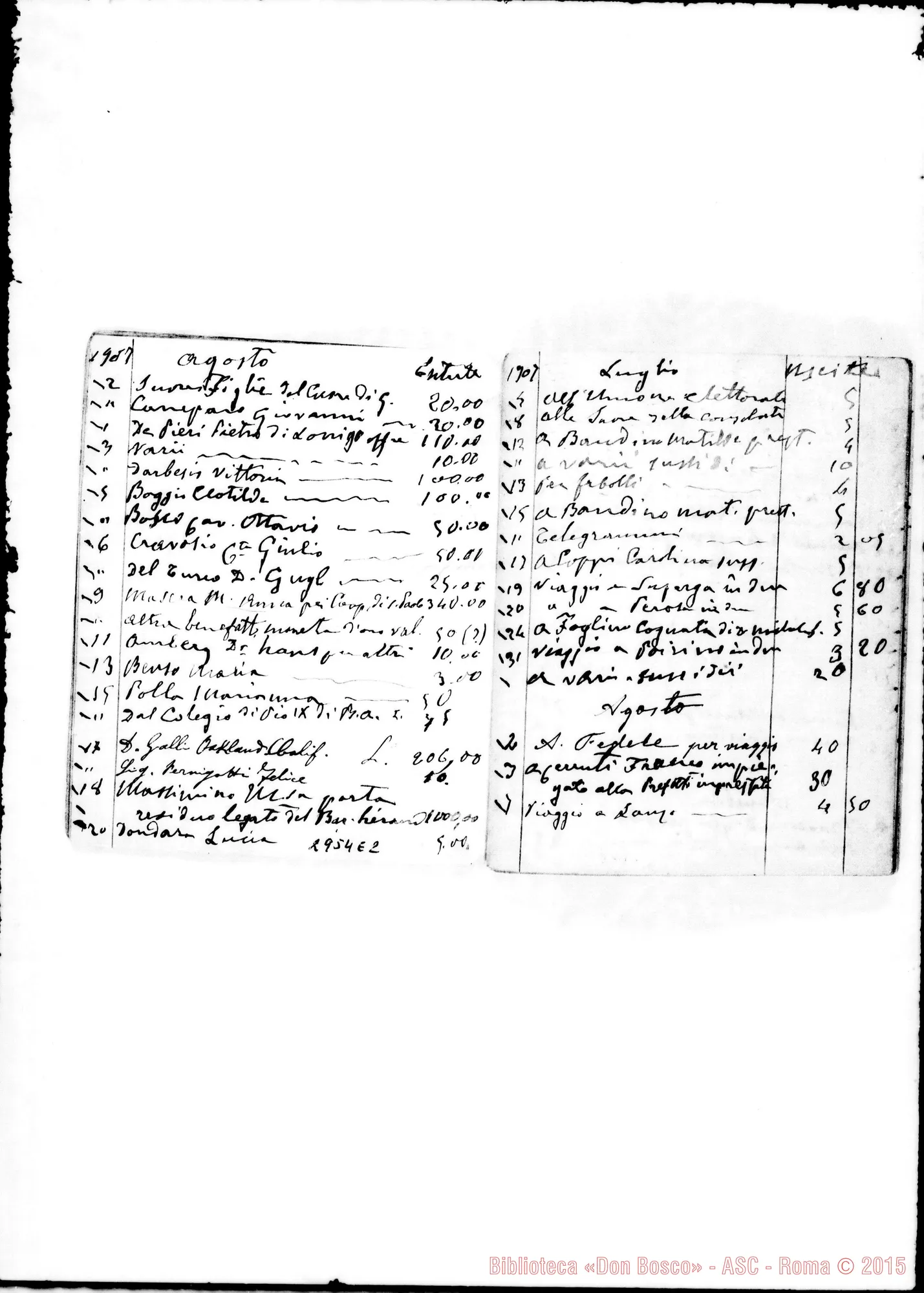 Fotogramma E 2 — Contatore: Entrate E uscite, dal 5-07-1907 fino al 2-03-1910. Ms. autogr. di D. Rua. Alcune note all.