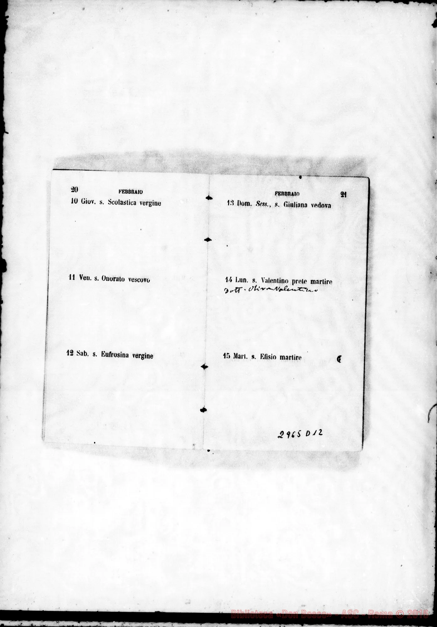 Fotogramma D 12 — Agendina: Nel calendario nota degli onomastici di persone da ricordare. Tutto ms. di D. Rua