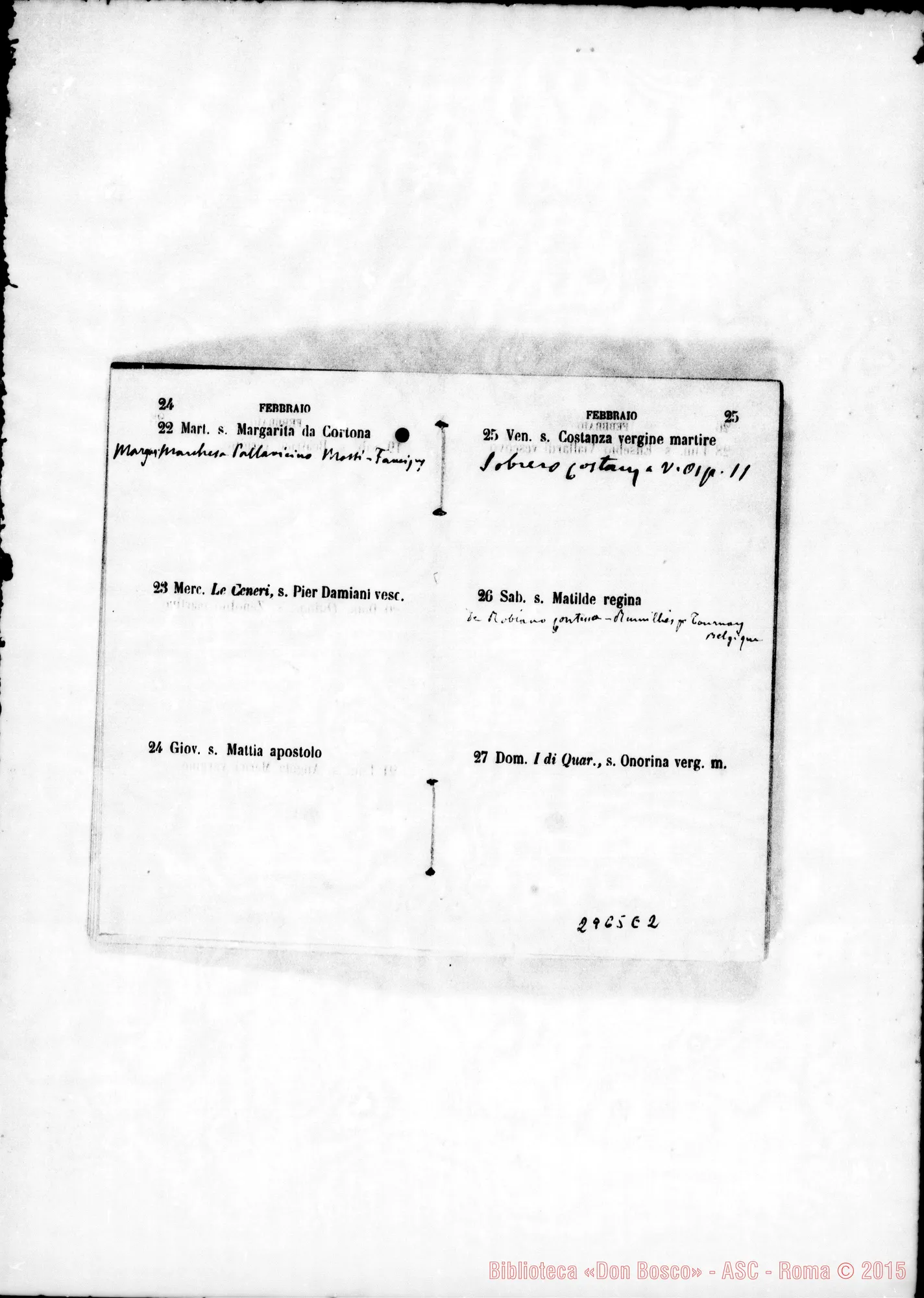Fotogramma E 2 — Agendina: Nel calendario nota degli onomastici di persone da ricordare. Tutto ms. di D. Rua