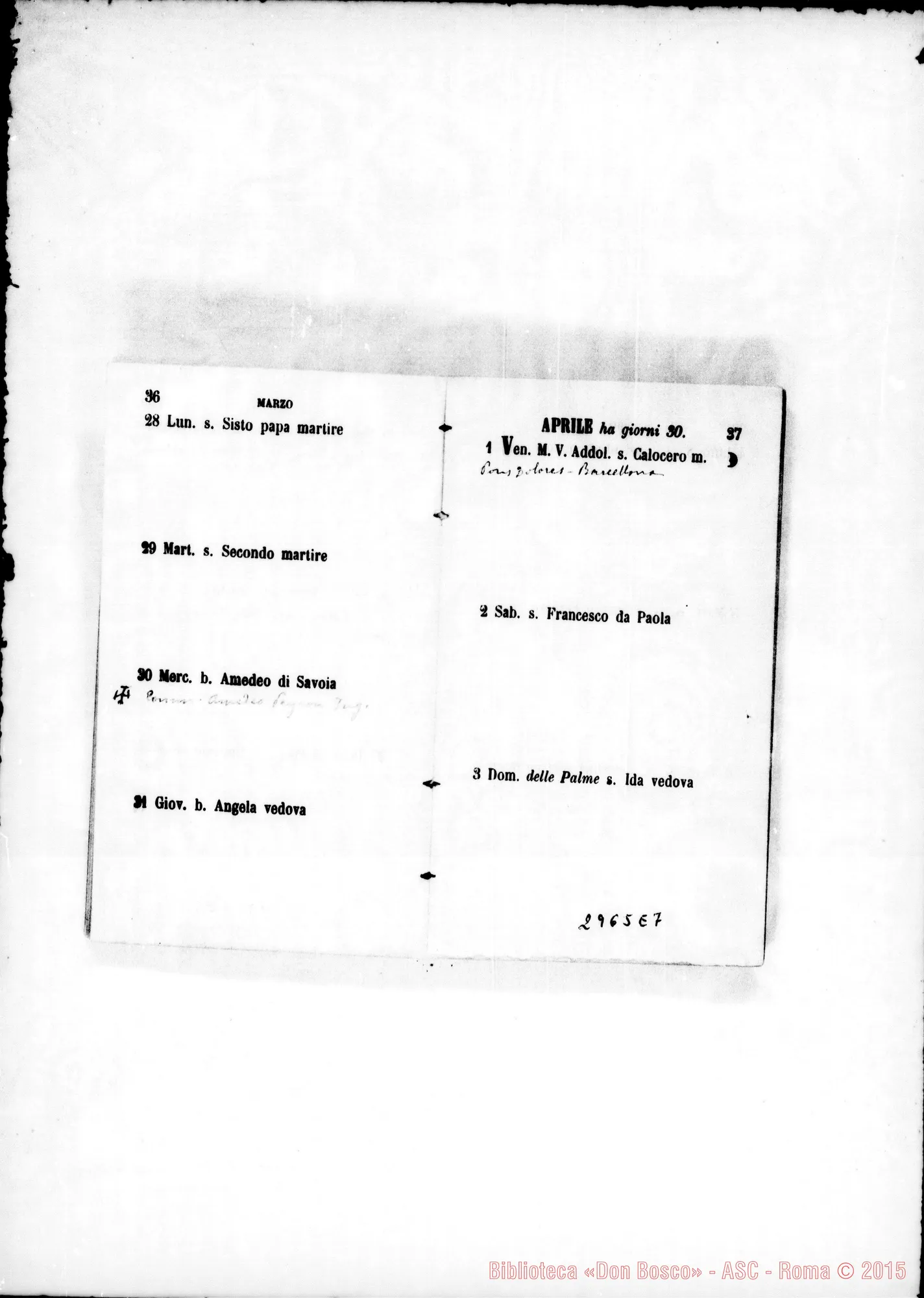 Fotogramma E 7 — Agendina: Nel calendario nota degli onomastici di persone da ricordare. Tutto ms. di D. Rua