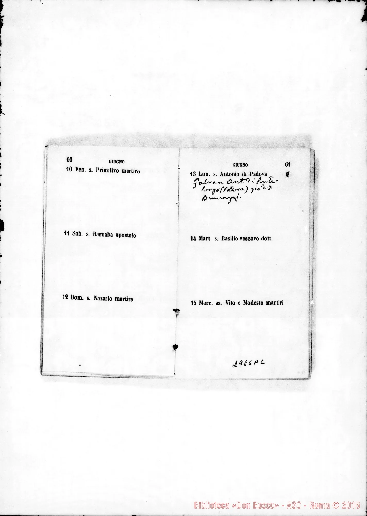 Fotogramma A 2 — Agendina: Nel calendario nota degli onomastici di persone da ricordare. Tutto ms. di D. Rua