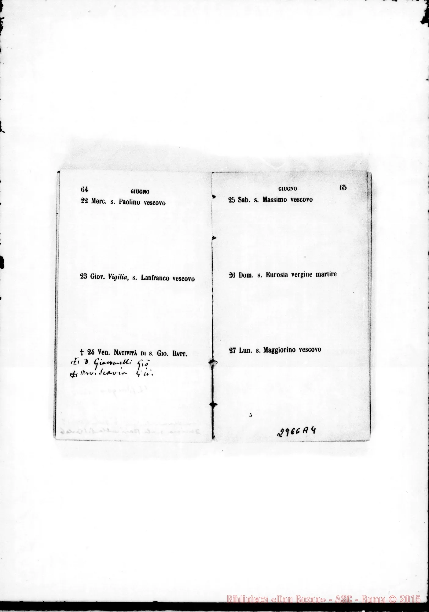 Fotogramma A 4 — Agendina: Nel calendario nota degli onomastici di persone da ricordare. Tutto ms. di D. Rua