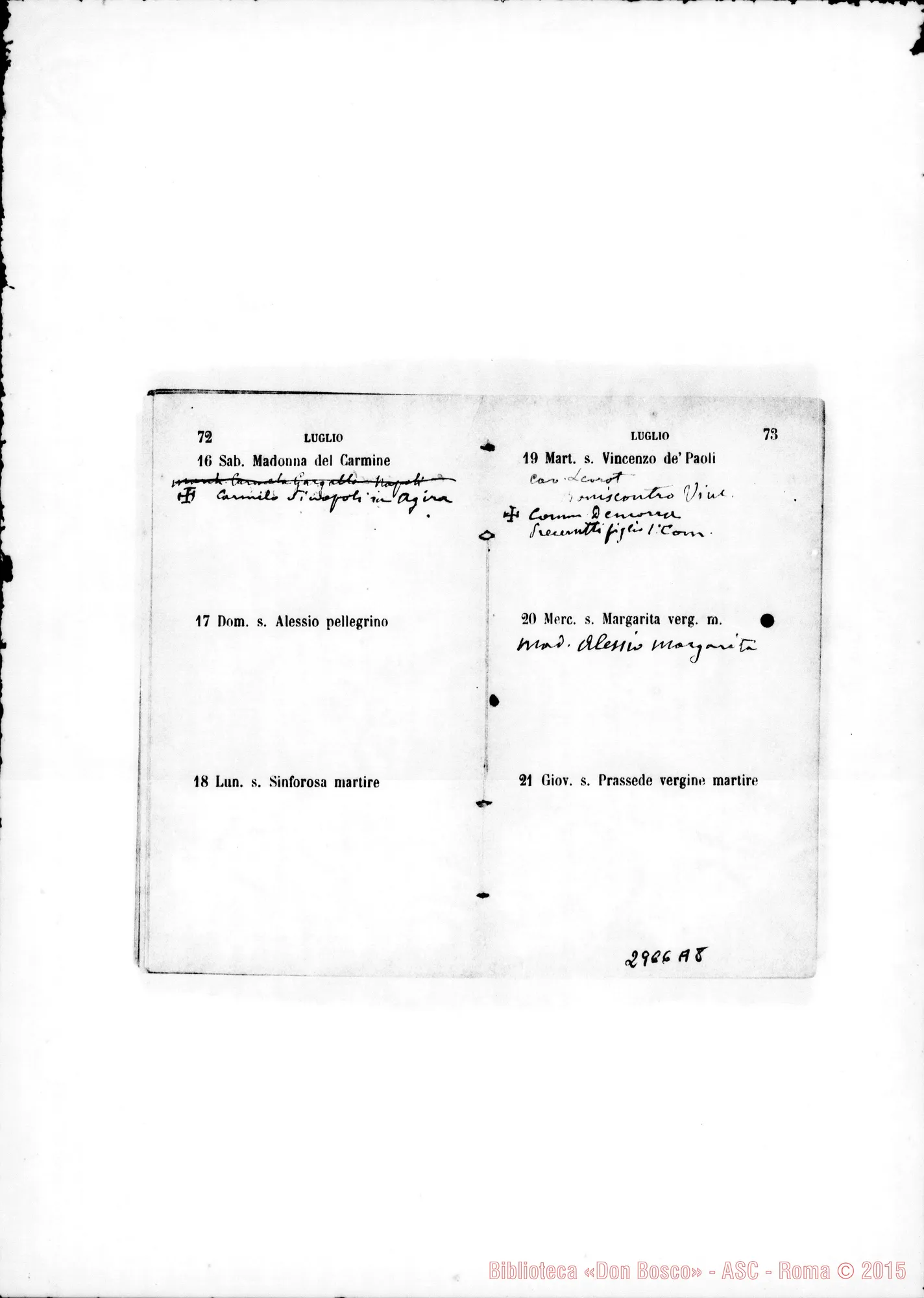 Fotogramma A 8 — Agendina: Nel calendario nota degli onomastici di persone da ricordare. Tutto ms. di D. Rua