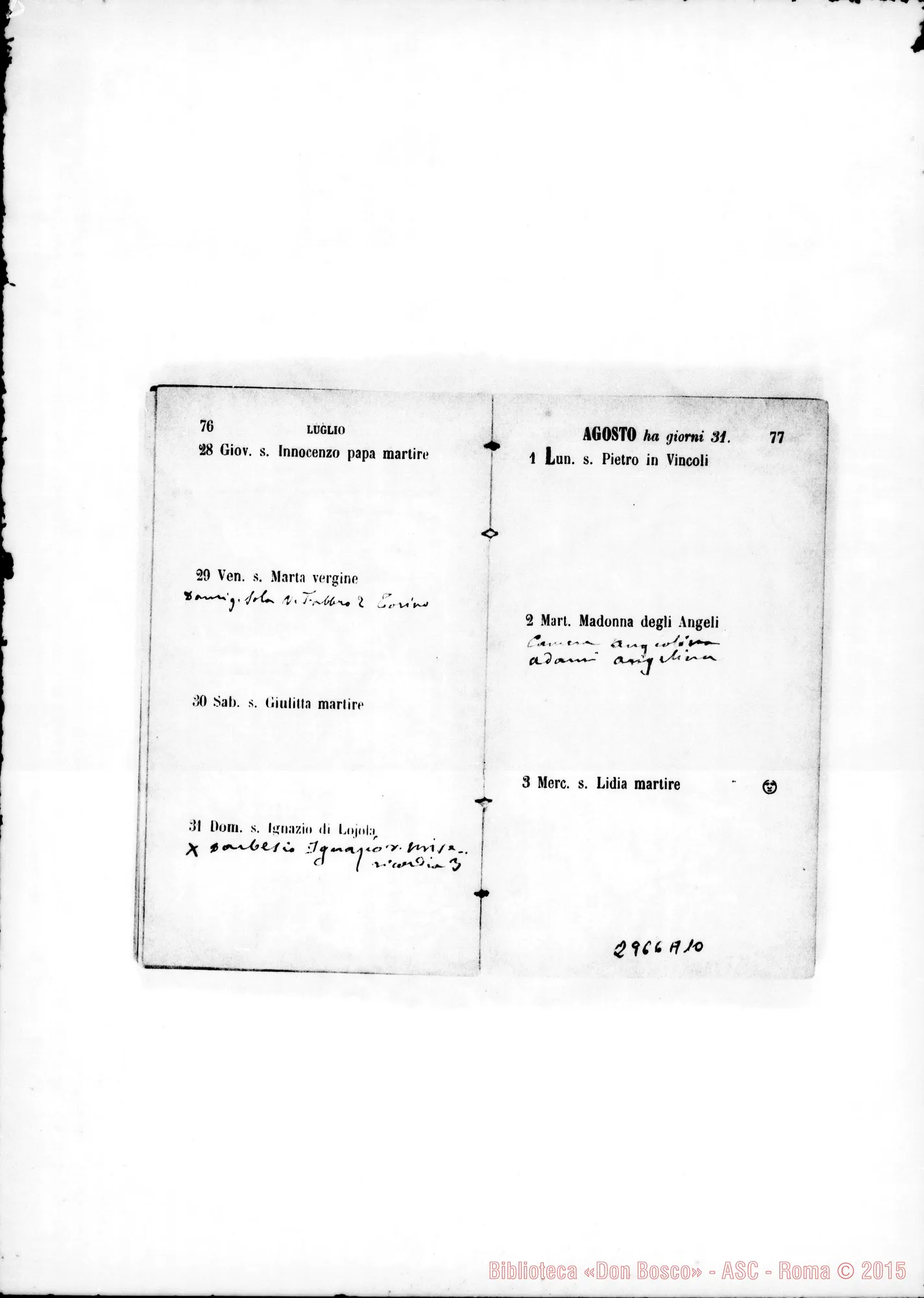 Fotogramma A 10 — Agendina: Nel calendario nota degli onomastici di persone da ricordare. Tutto ms. di D. Rua
