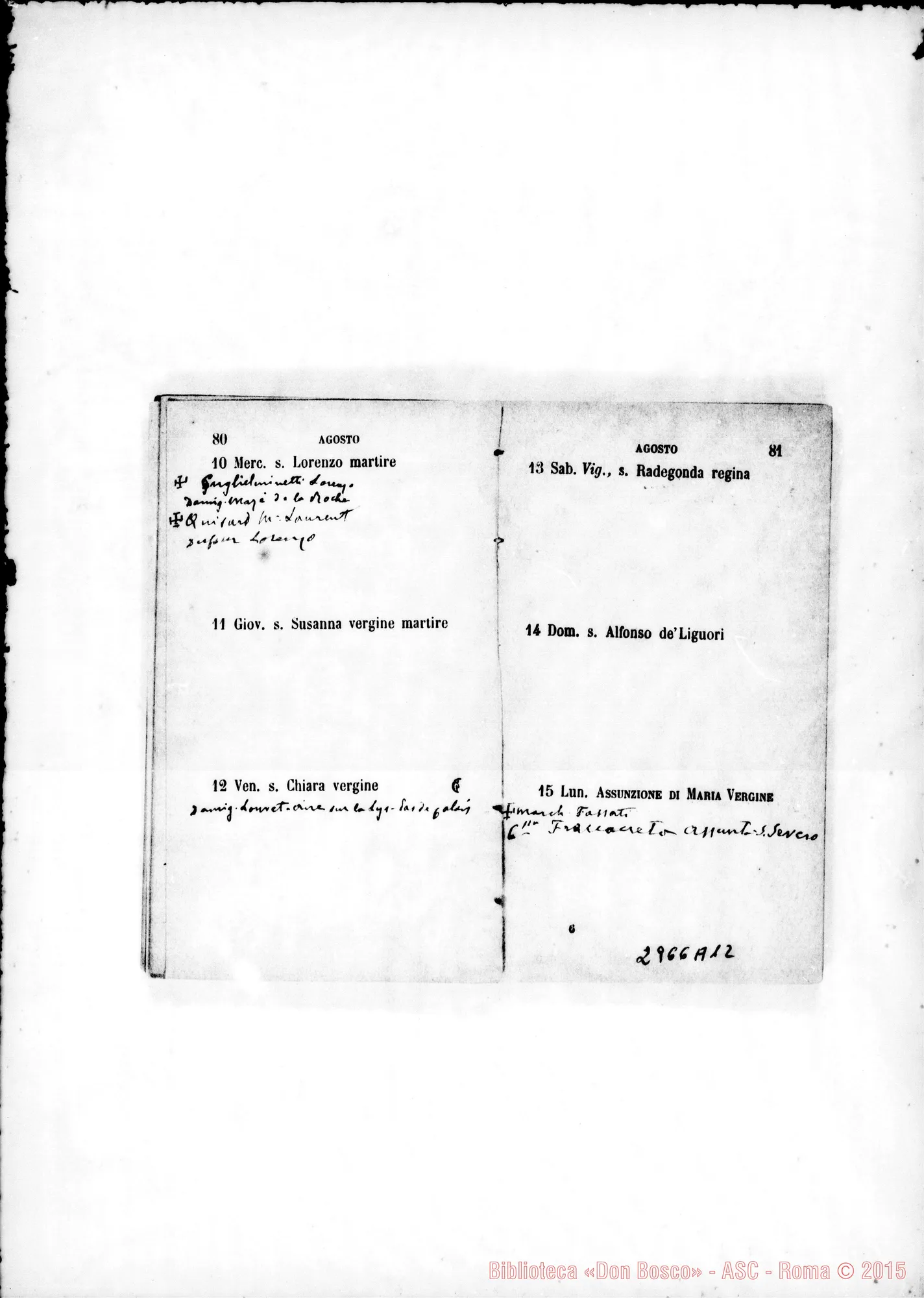 Fotogramma A 12 — Agendina: Nel calendario nota degli onomastici di persone da ricordare. Tutto ms. di D. Rua