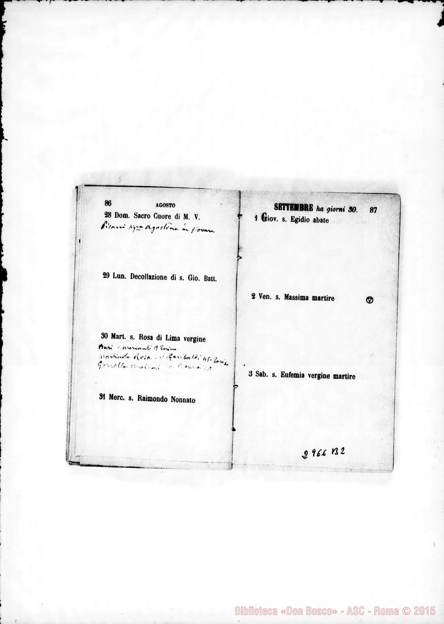 Fotogramma B 2 — Agendina: Nel calendario nota degli onomastici di persone da ricordare. Tutto ms. di D. Rua