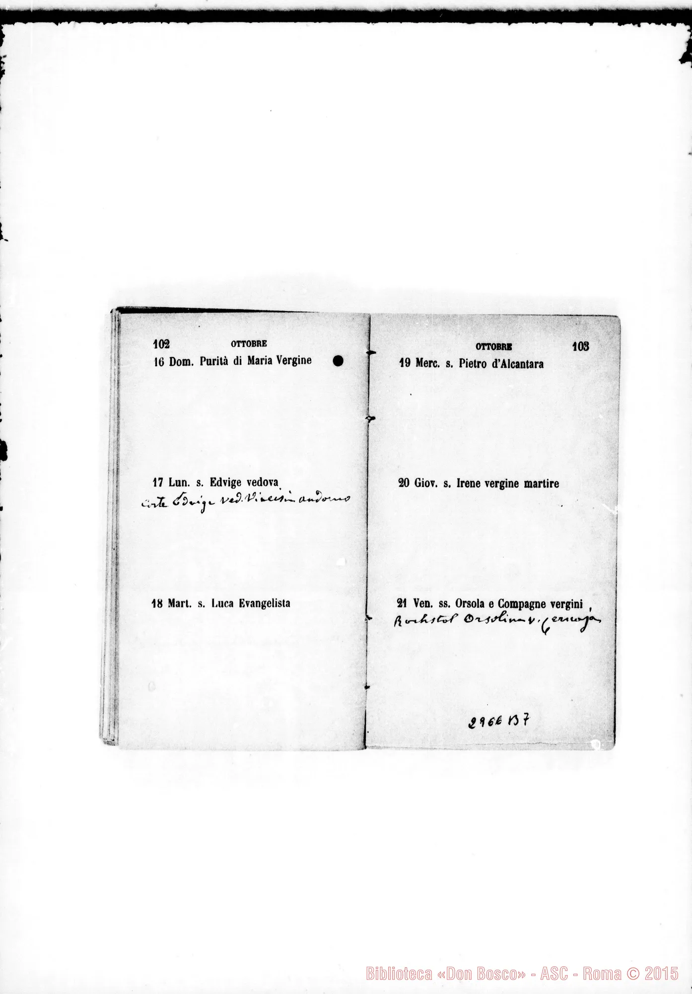 Fotogramma B 7 — Agendina: Nel calendario nota degli onomastici di persone da ricordare. Tutto ms. di D. Rua