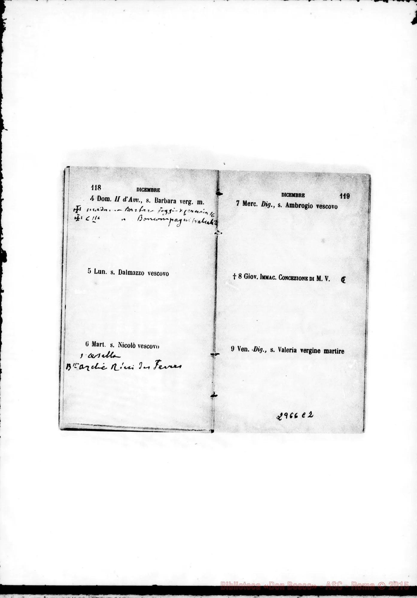 Fotogramma C 2 — Agendina: Nel calendario nota degli onomastici di persone da ricordare. Tutto ms. di D. Rua