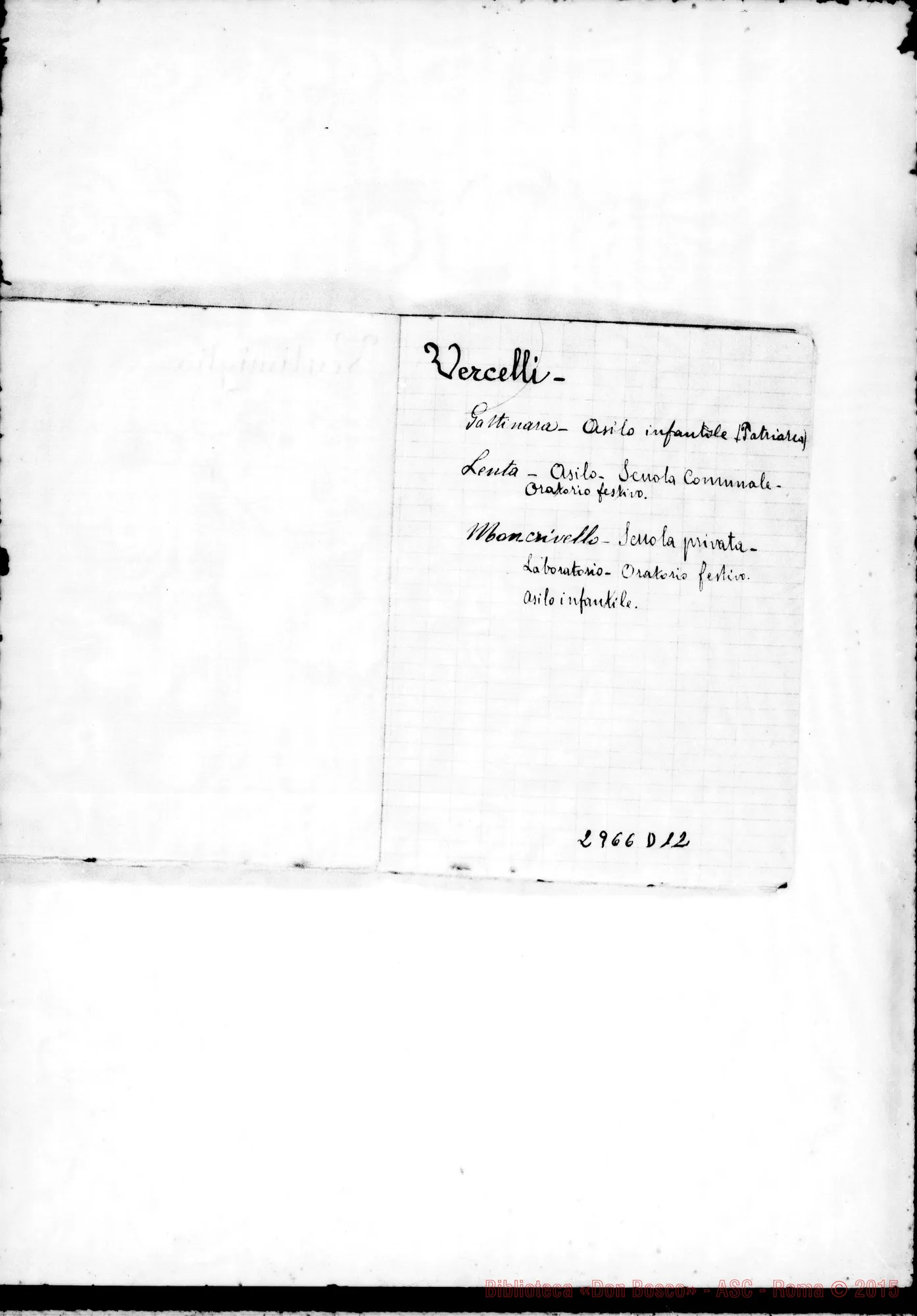 Fotogramma D 12 — Figlie di Maria Ausiliatrice: Diocesi dove si trovano Case delle FMA. Ms. allografo con alcune note autogr. di D. Rua