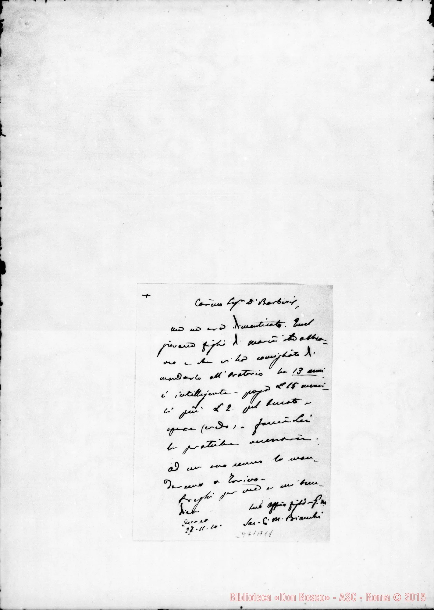 Fotogramma A 11 — Bendotti Felice: D. Bianchi Eugenio, biglietto E lettera A D. Barberis