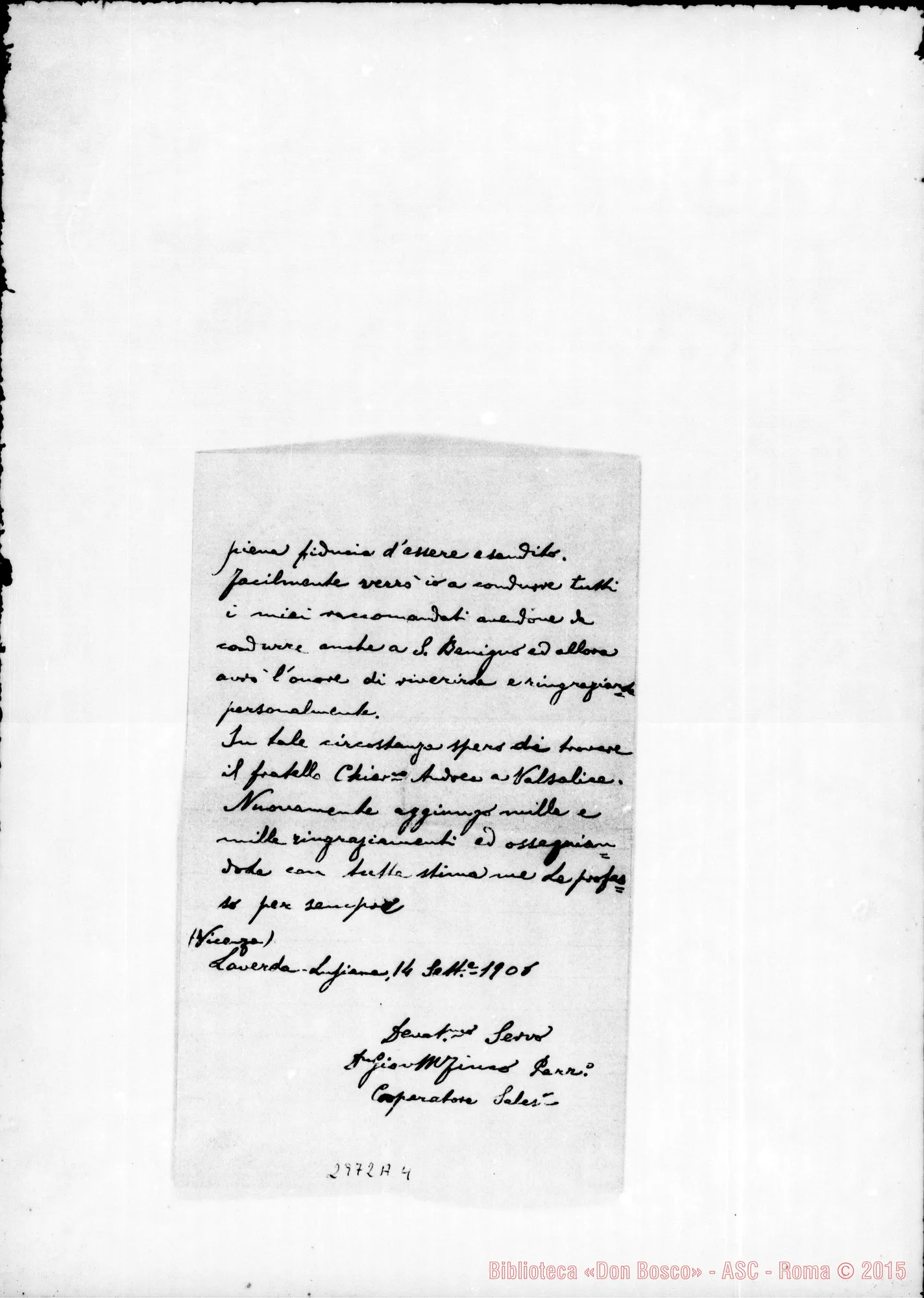 Fotogramma A 4 — Bonato Antonio E Ferici: D. Fineo, parroco - Direttore. Laverda, 14-09-1906