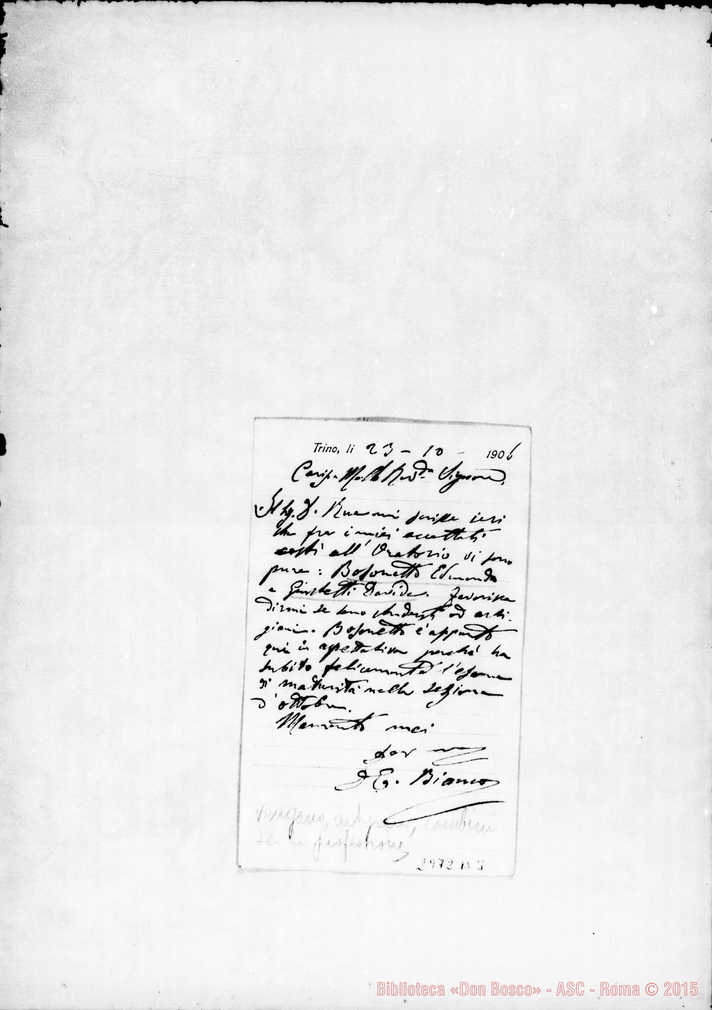 Fotogramma B 3 — Bossonetto Edmondo: Bianco E. - D. Regna. Trino, 23-10-1906