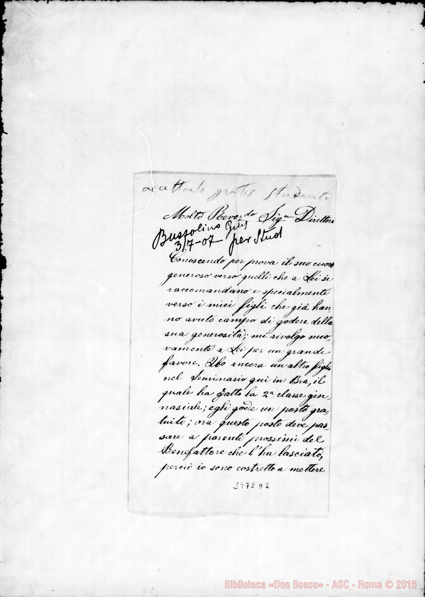 Fotogramma D 2 — Bussolino Giuseppe: Petizione del padre al Direttore. Bra, 25-06-1907