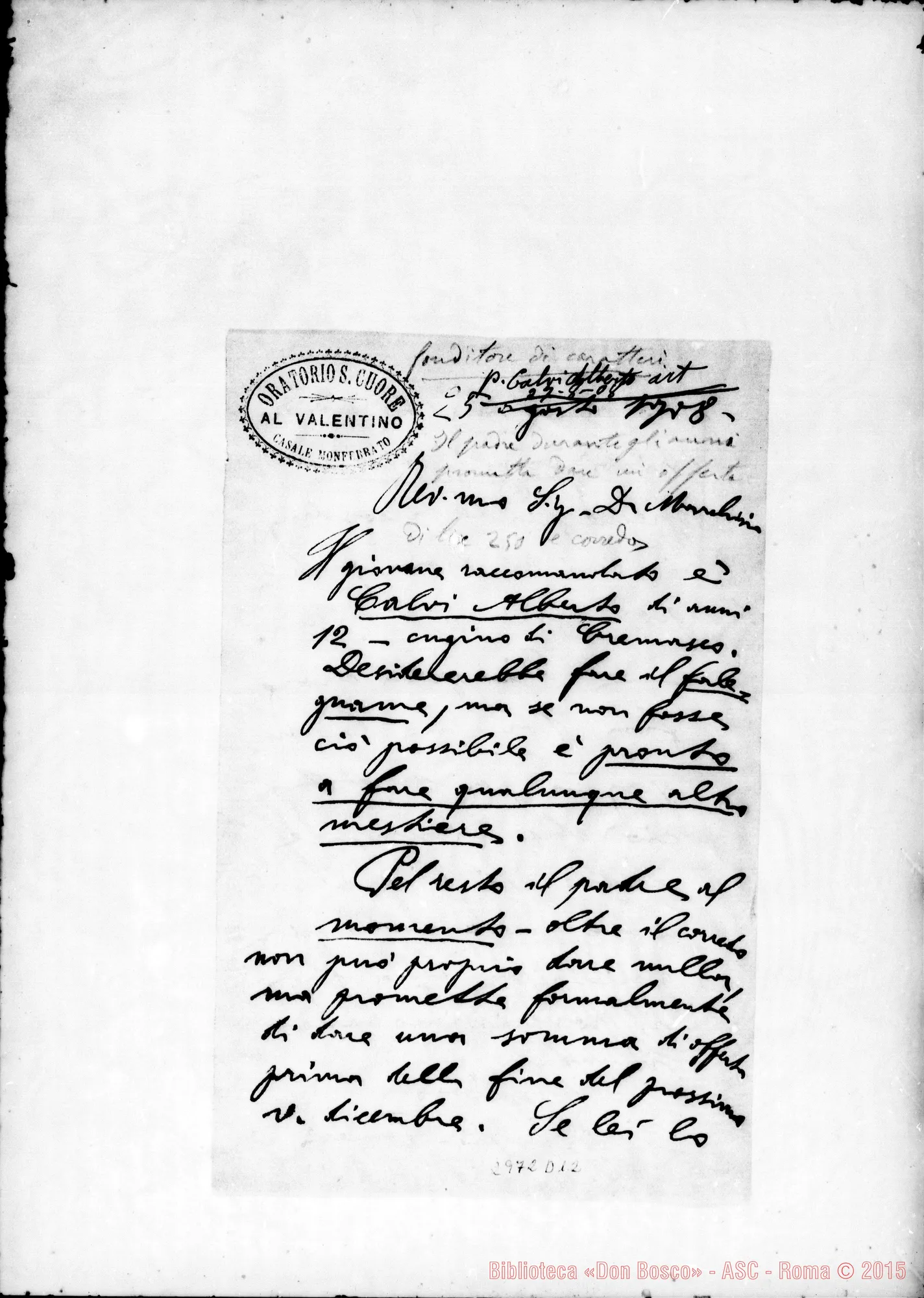 Fotogramma D 12 — Calvi Alberto: D. Ferzero, SDB - D. Marchisio. Casale, 27-08-1908