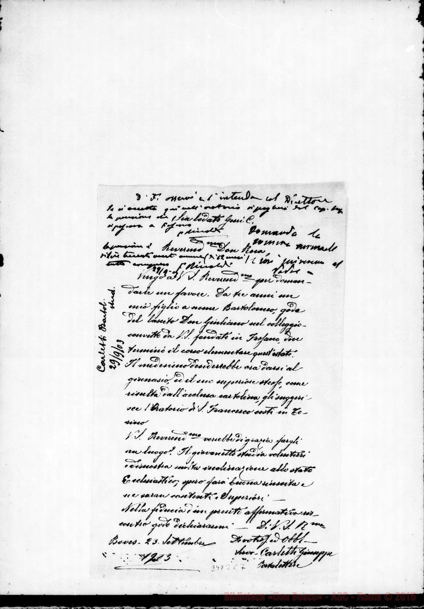 Fotogramma C 7 — Carletti Bartolomeo: Carletti Giuseppe - D. Rua. Boves, 23-09-1903. Autogr. Rua E Rinaldi