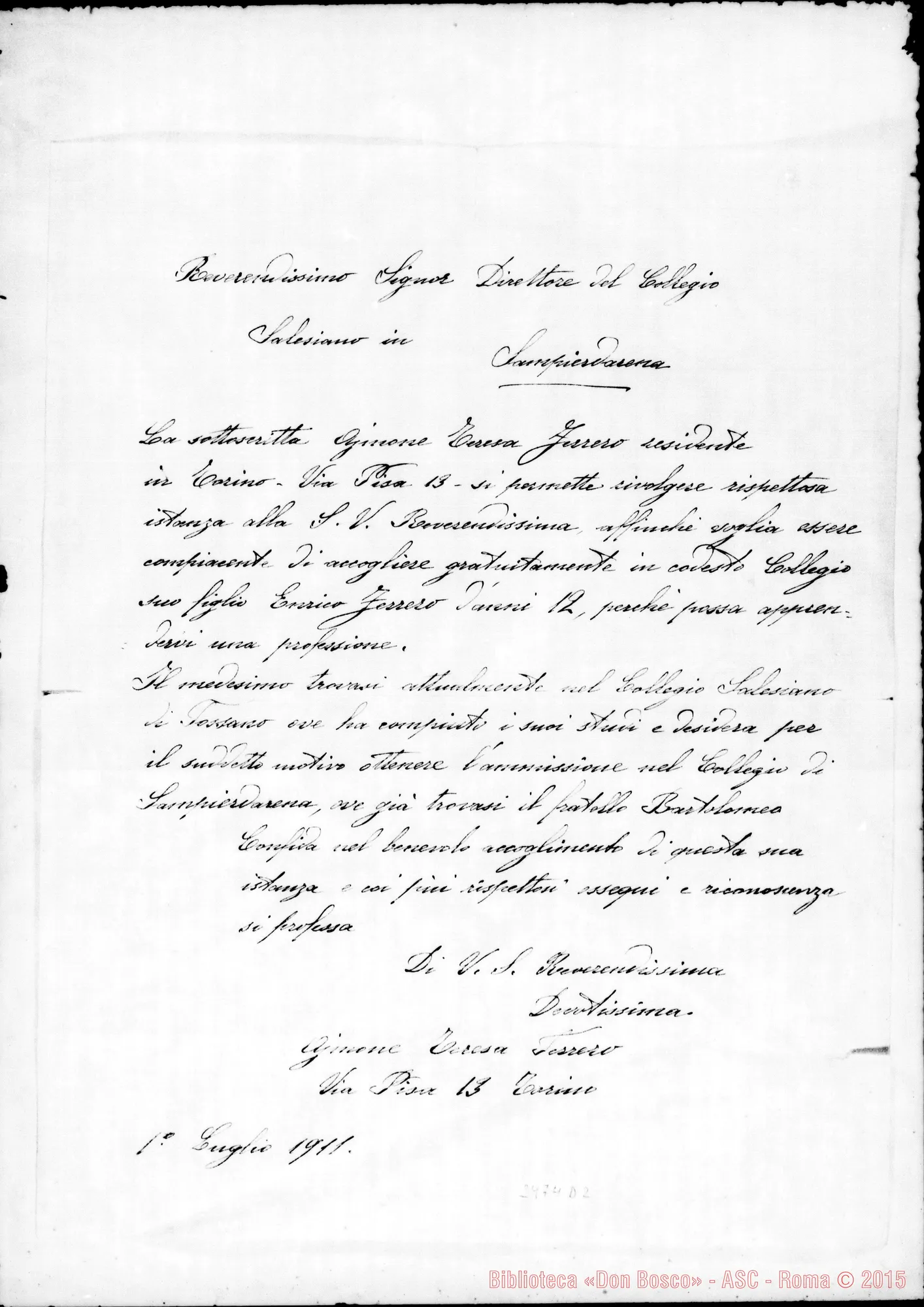 Fotogramma D 2 — Ferrerò Enrico: Richiesta della madre. Torino, 1-07-1911
