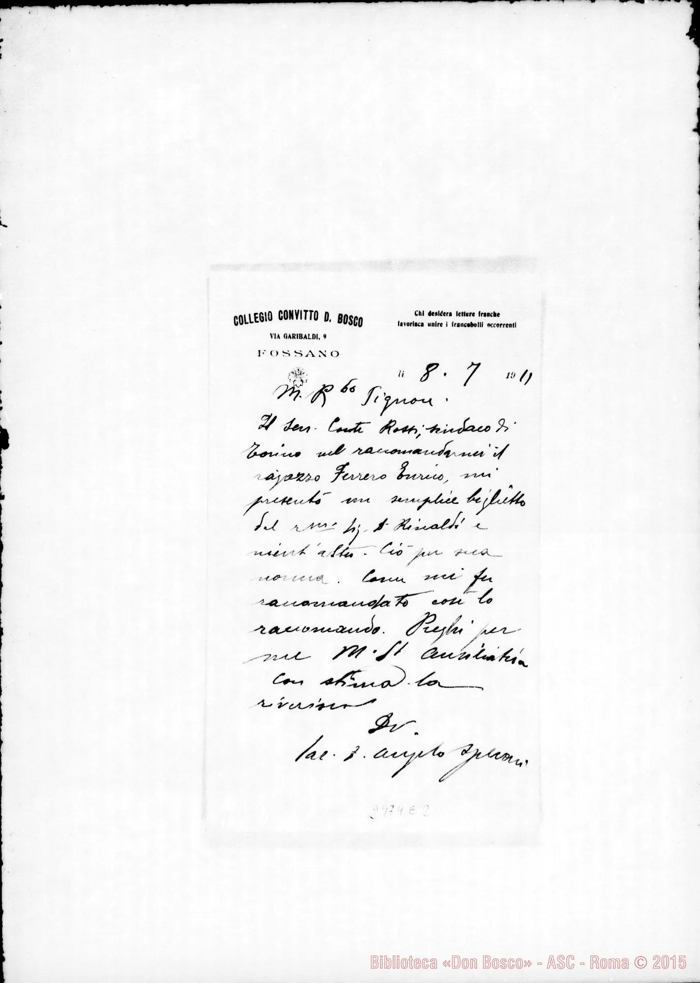Fotogramma E 2 — Angelo Speroni, SDB - Rev.do Signore. Fossano, 8-07-1911