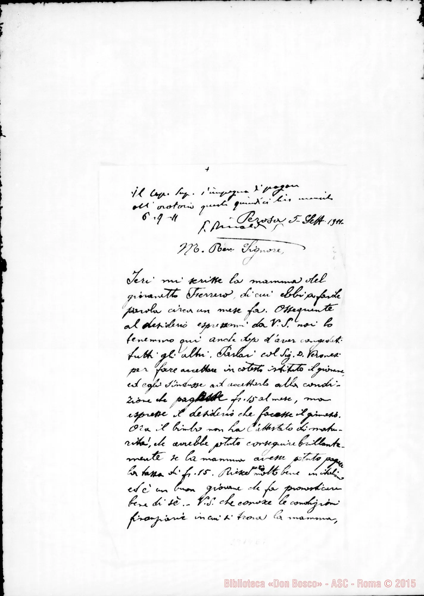 Fotogramma E 7 — Ferrerò Pietro: Feliciano D. - Rev.do Signore. Autogr. D. Rinaldi