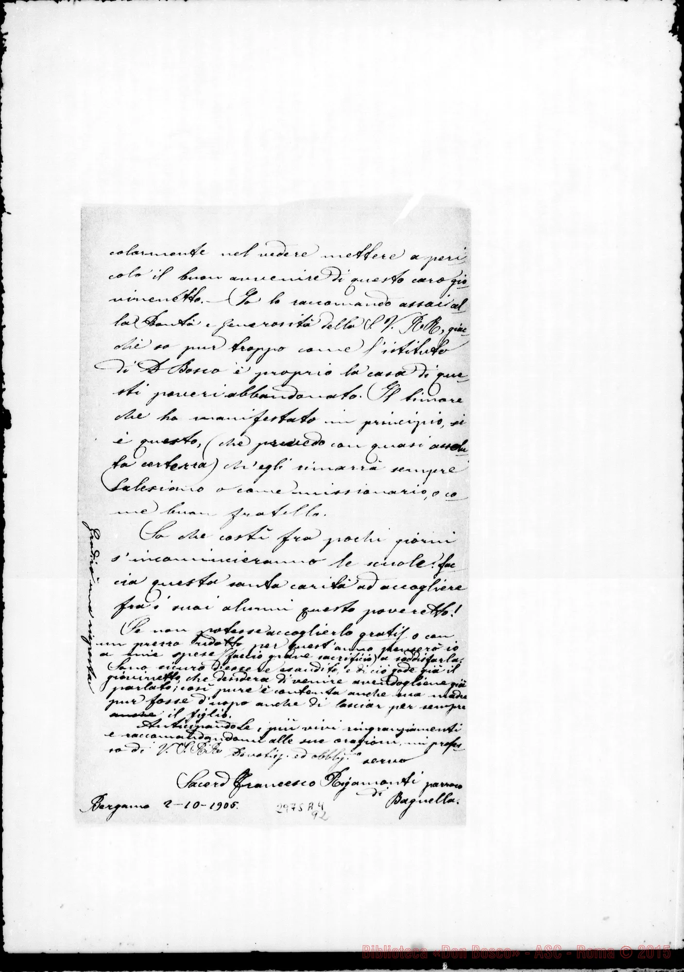 Fotogramma A 4 — Fezzoli Giacomo: Parroco di Bagnella - Sig. Direttore. Bergamo, 2-10-1905