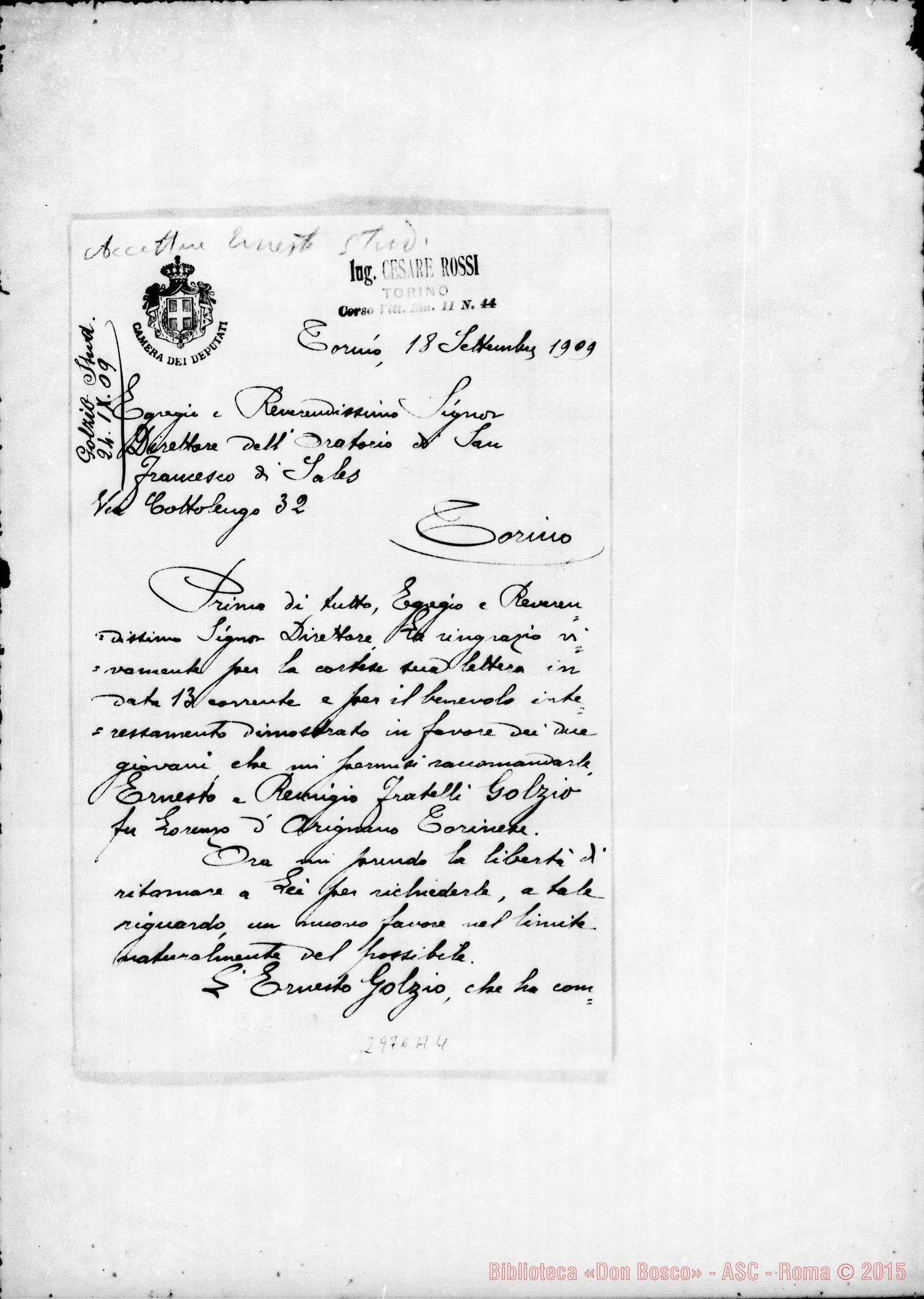 Fotogramma A 4 — Golzio Ernesto: Cesare Rossi, deputato - Direttore.Torino, 18-09-1909