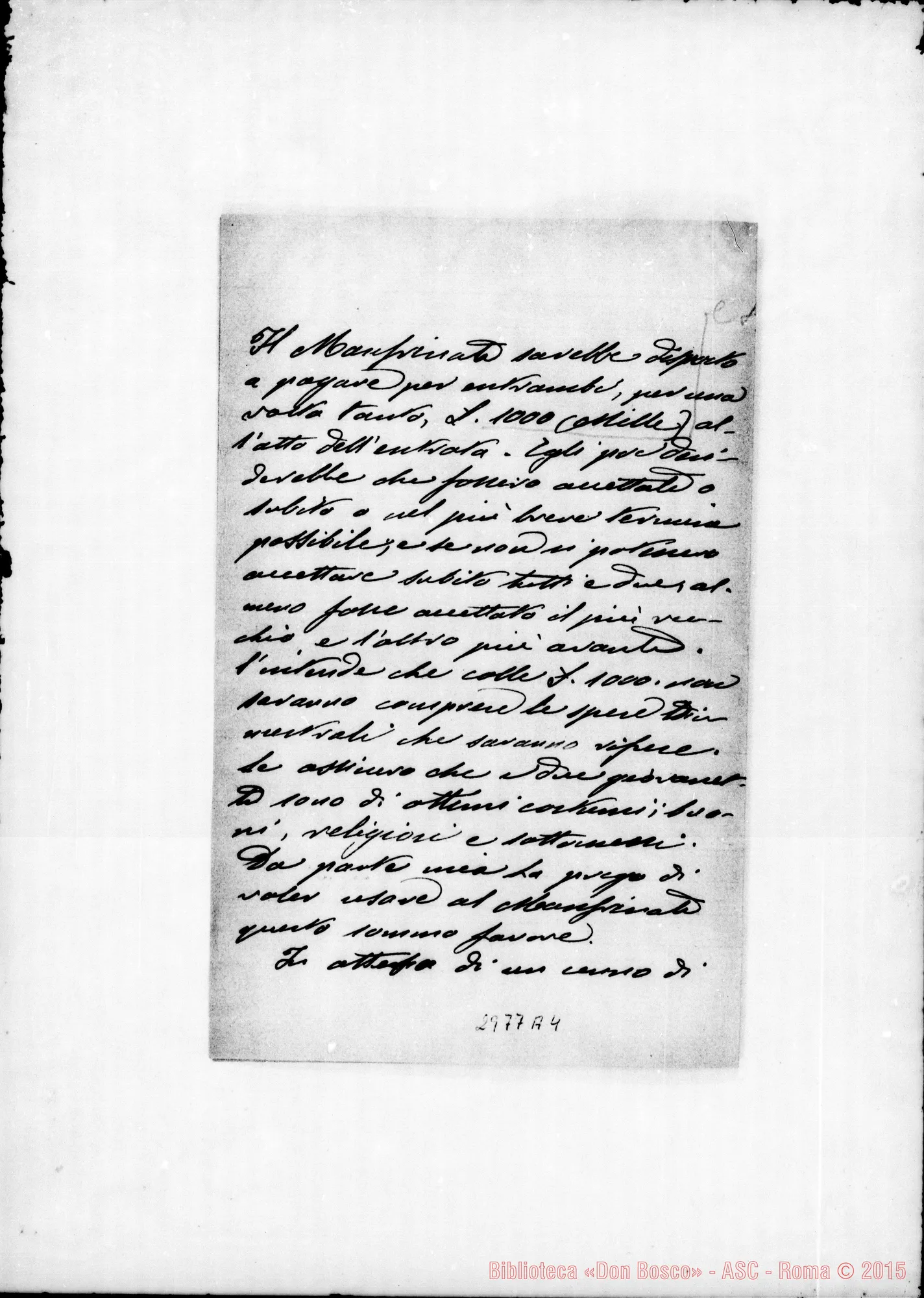 Fotogramma A 4 — Manfrinati Carlo: Parroco di Tresigallo - Rev.do signore. Tresigallo, 28-03-1907
