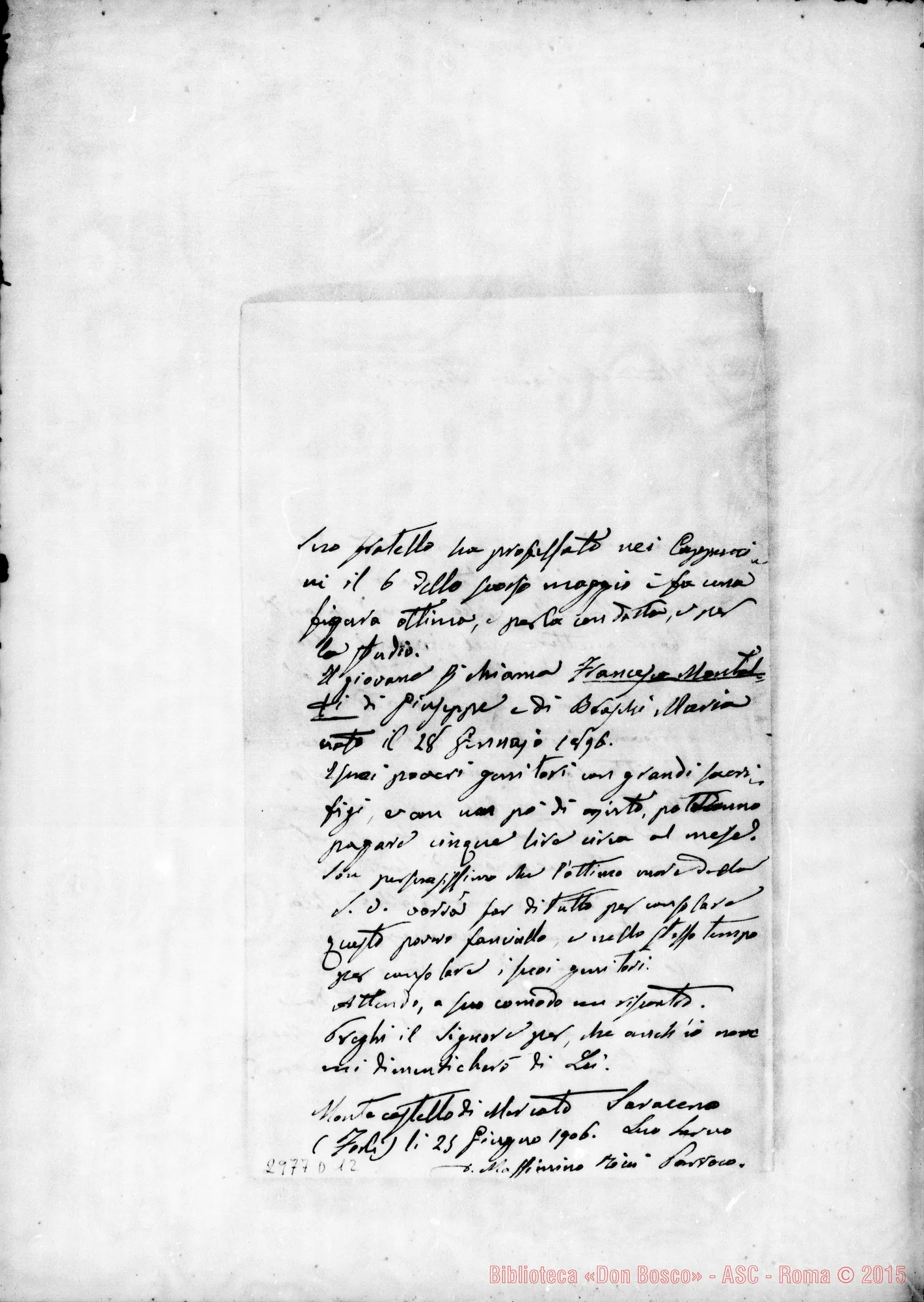 Fotogramma D 12 — Montalti: Massimino Ricci, parroco - Rev.do Signore. Forlì, 25-06-1906