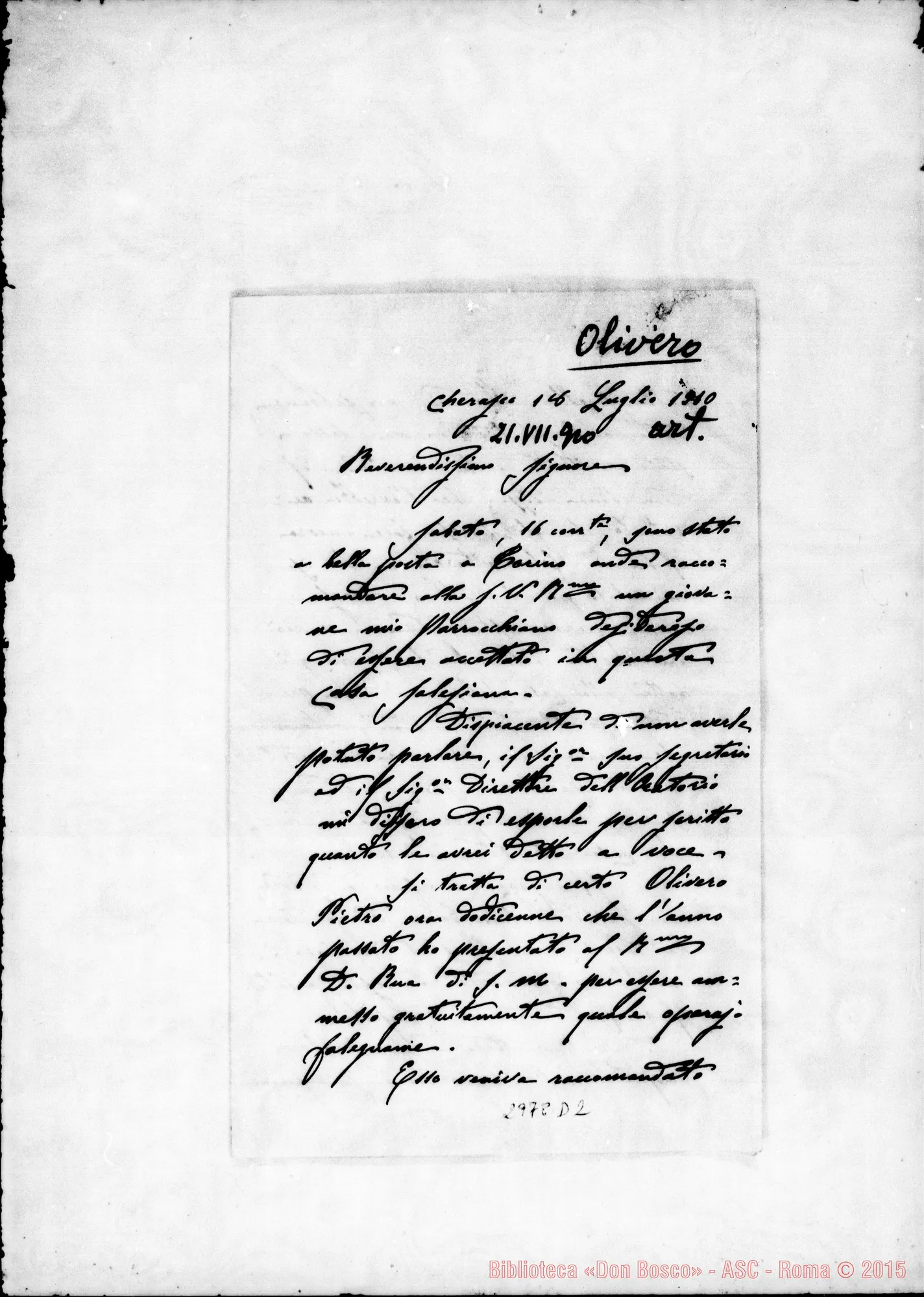 Fotogramma D 2 — Olivero Pietro: Brezzo Antonio, sac. - Rev.mo Signore. Cherasco, 18-07-1910