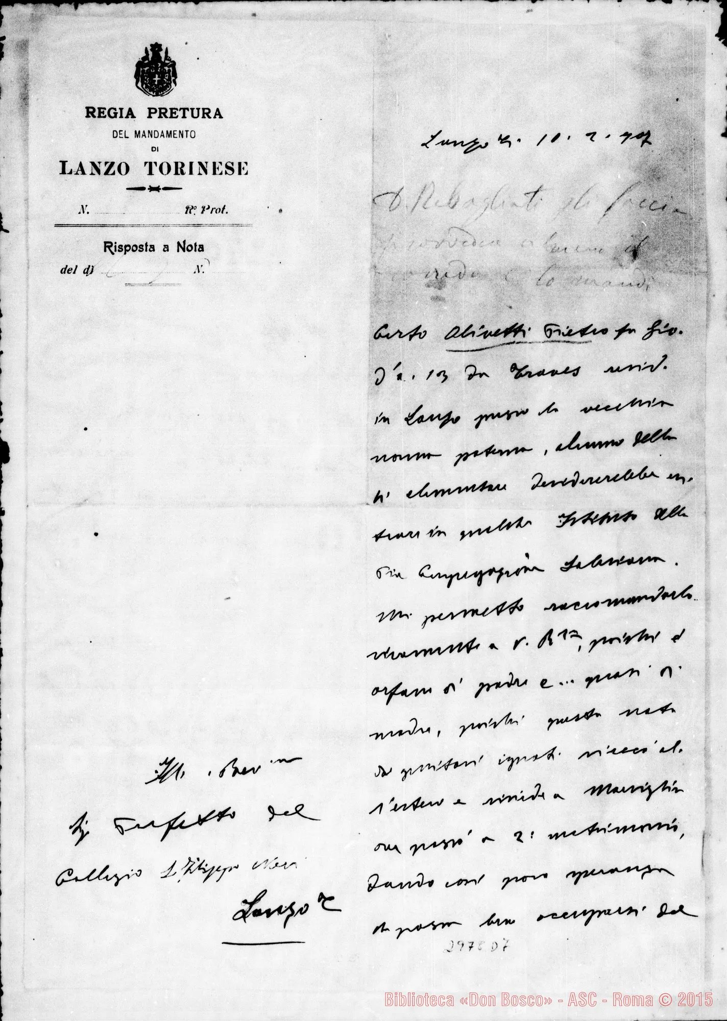 Fotogramma D 7 — Olivetti Pietro: Prefettura di Lanzo - Prefetto. Lanzo, 10-02-1907