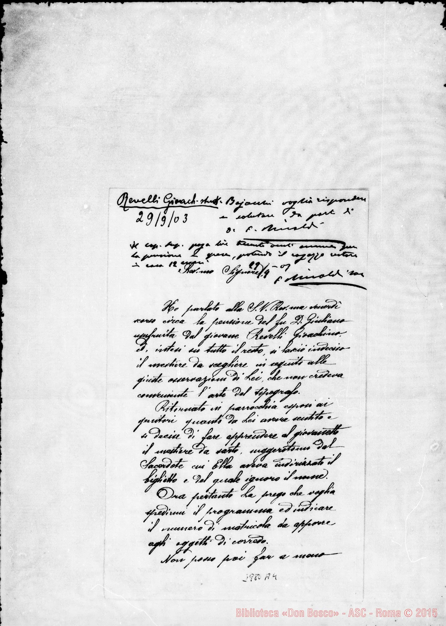 Fotogramma A 4 — Revelli Gioachino: Pietro Paolo Ceratto, arciprete - Rev.mo Sig.. Autogr. Rinaldi