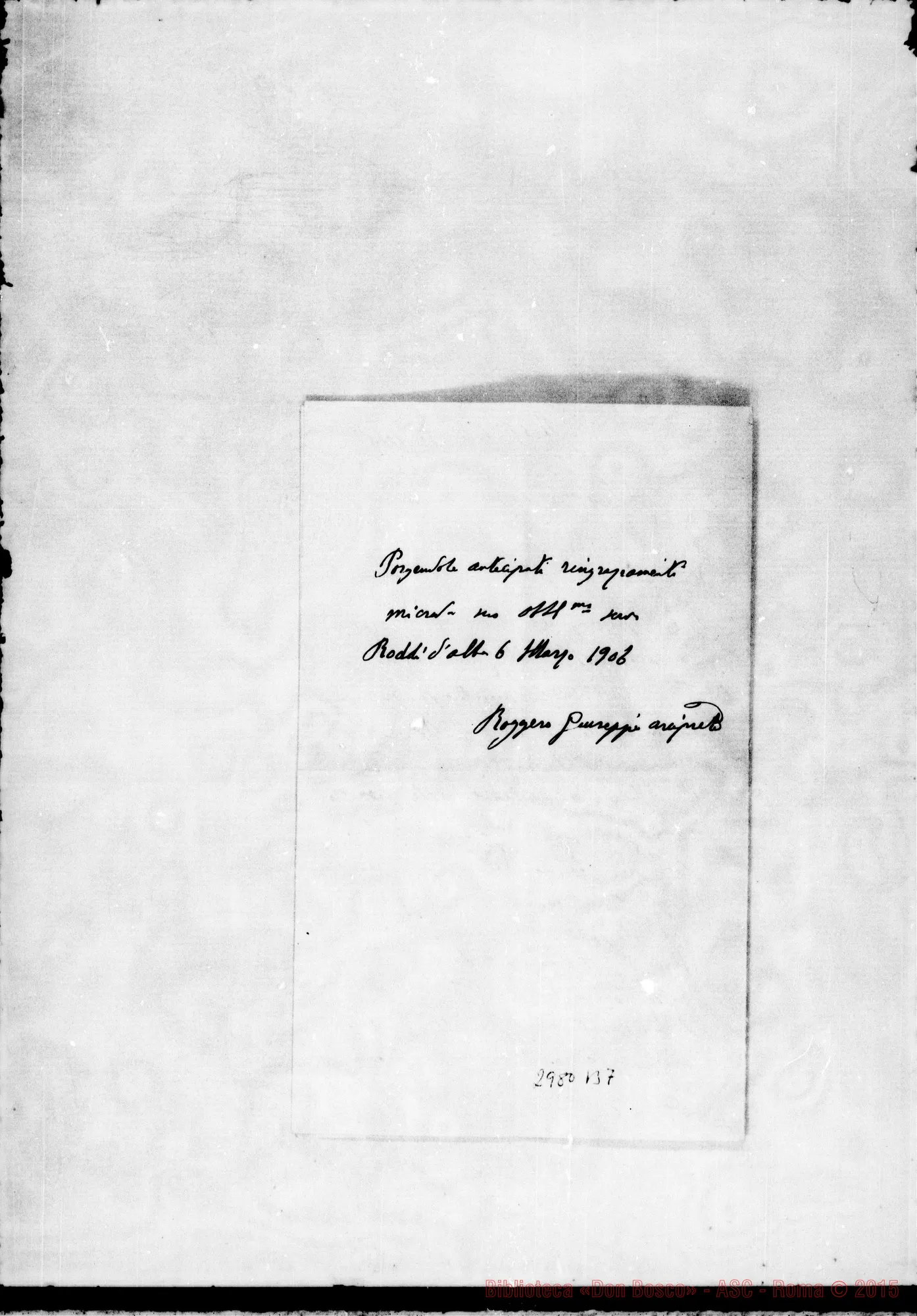 Fotogramma B 7 — Roggero Giuseppe, arciprete: D. Roggero - Direttore. Roddi, 6-03-1906