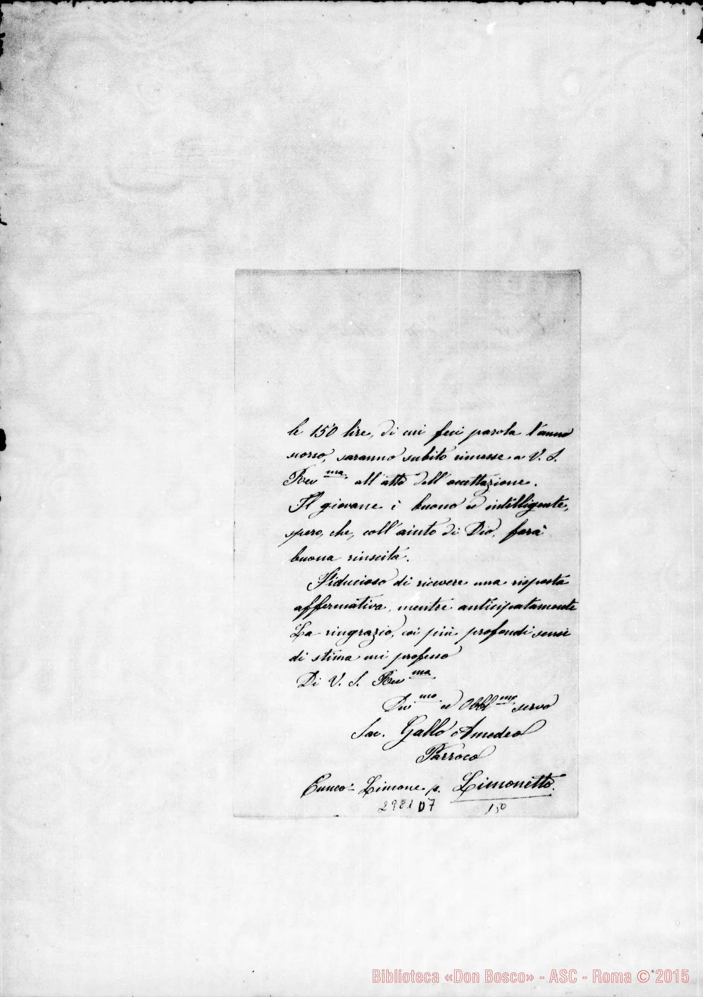 Fotogramma D 7 — Tosello Giuseppe: Sac. Gallo Amedeo - Rev.do Signore. Limonetto, 1-08-1906