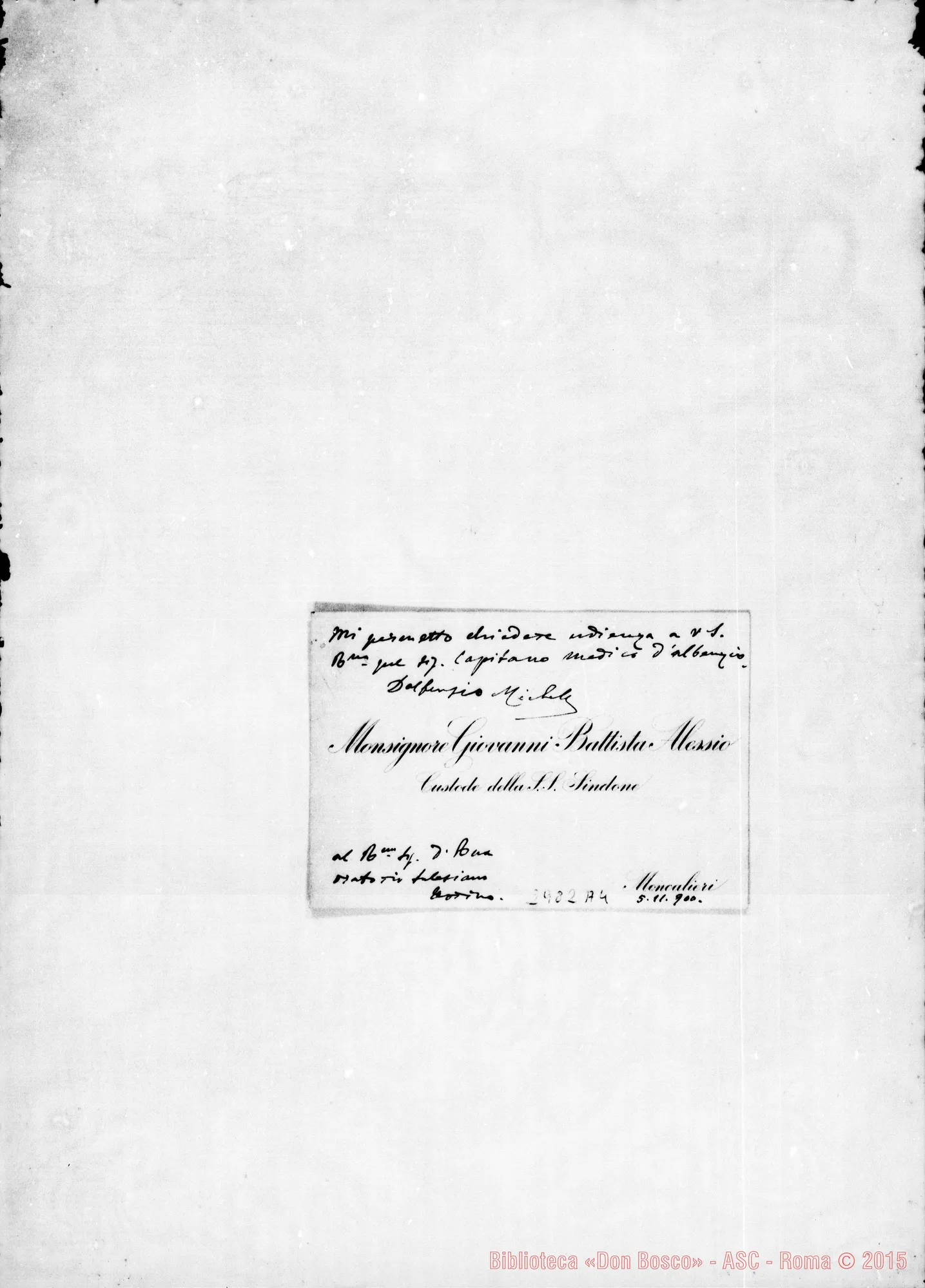 Fotogramma A 4 — Vigorita E altri: Mons. Giov.Batt. Alessio - D. Rua. Moncalieri, 5-11-1900. Autogr. Rua