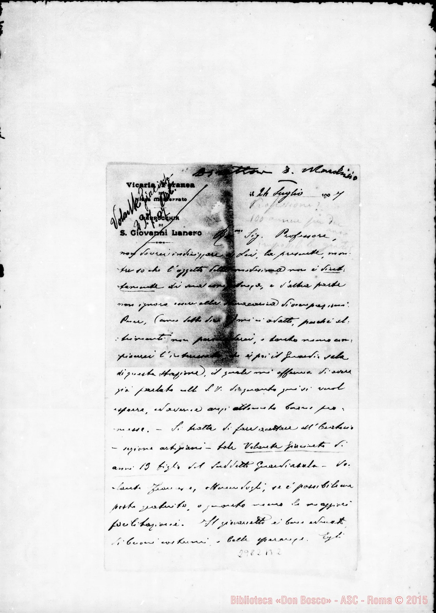Fotogramma B 2 — Volante Giacinto: Teol. Annibaie Robba - Sig. Professore. Nizza Monf., 24-07-1907