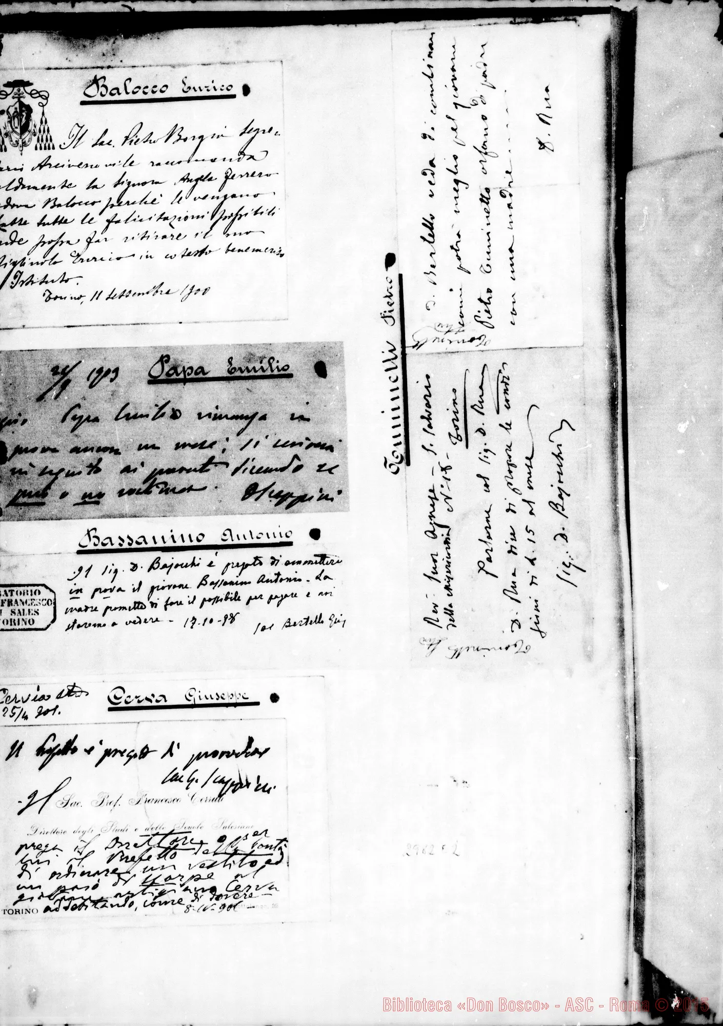 Fotogramma E 2 — Varia: Biglietti sull’accettazione di altri giovani. Ms. da diversi, fra cui D. Rinaldi E D. Rua