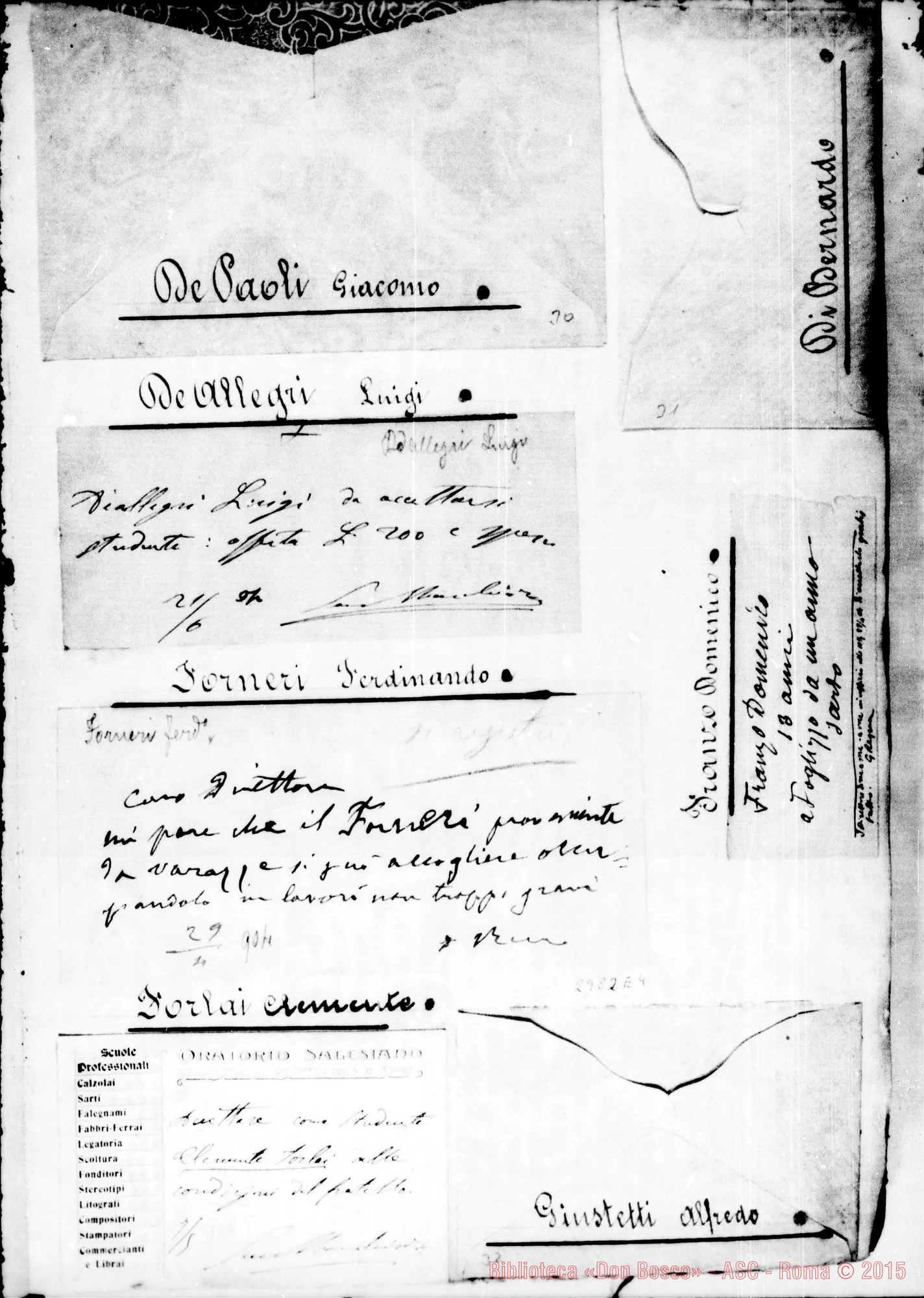 Fotogramma E 4 — Varia: Biglietti sull’accettazione di altri giovani. Ms. da diversi, fra cui D. Rinaldi E D. Rua
