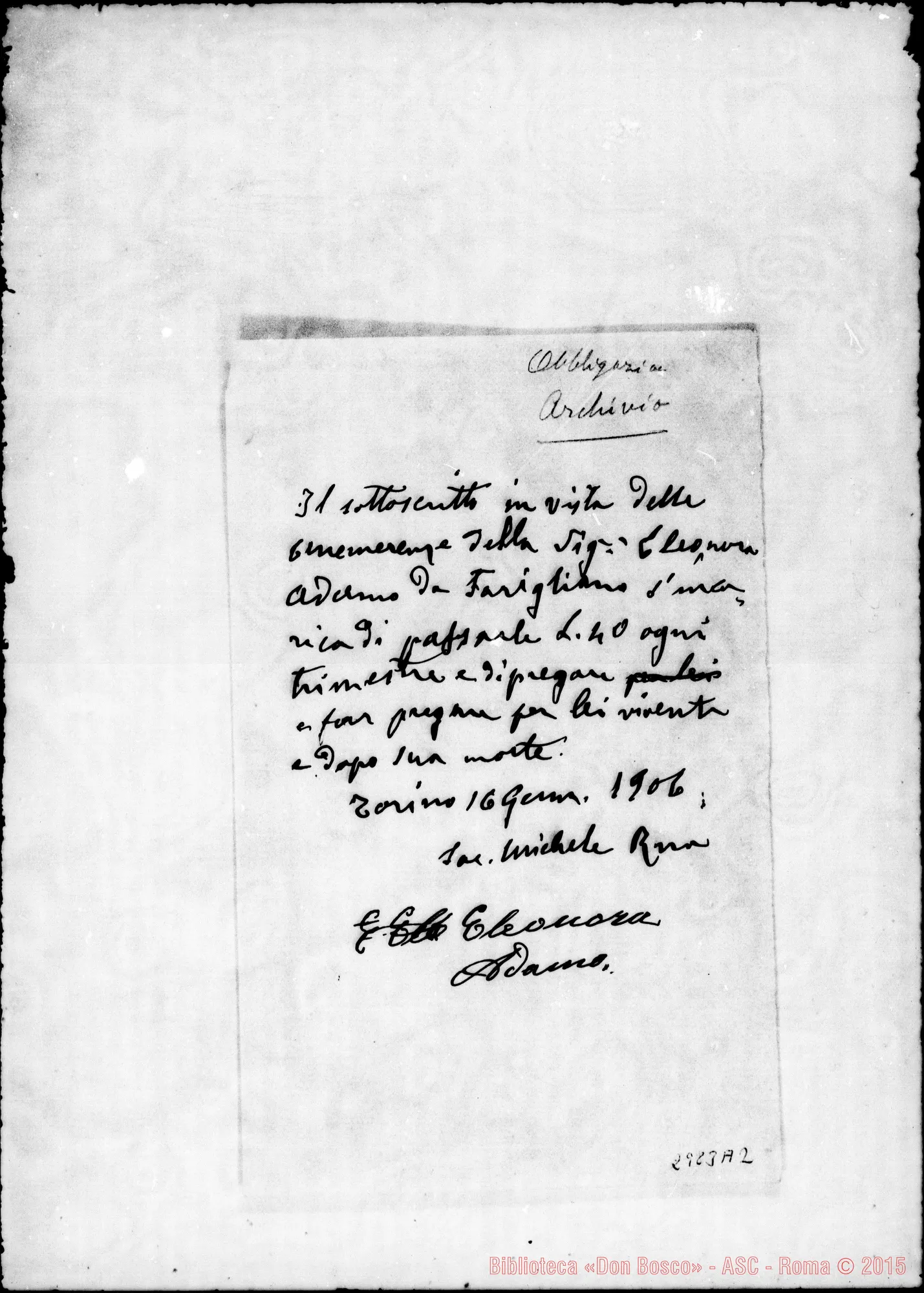 Fotogramma A 2 — Adamo Eleonora: Sottoscrizione. Ms. autogr. Rua