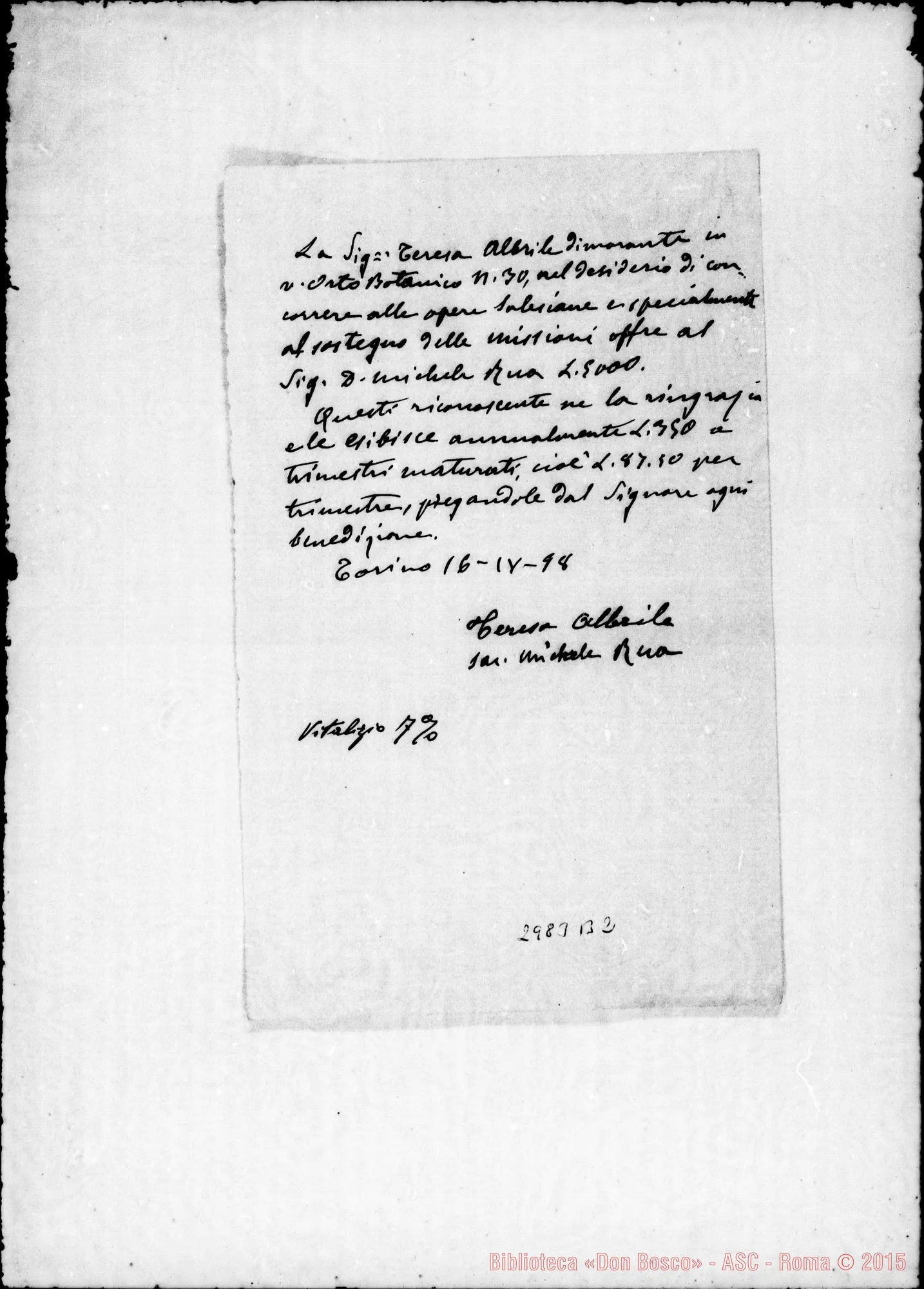 Fotogramma B 2 — Albrile Teresa: Documento ms. autogr. Rua. Torino, 16-04-1898