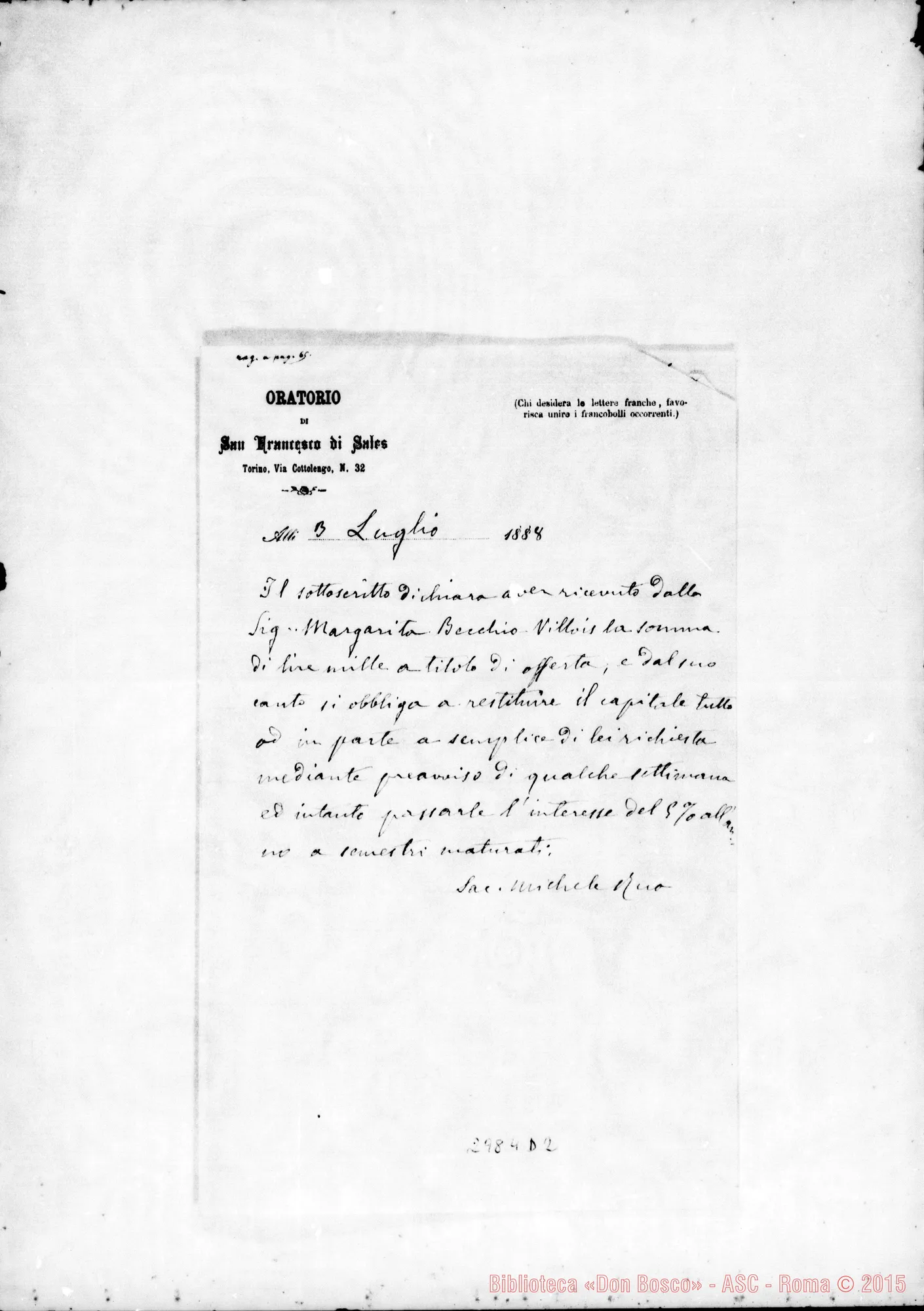 Fotogramma D 2 — Becchio - Villois Margarita: Ricevuta. Ms. autogr. Rua. Torino, 3-07-1888