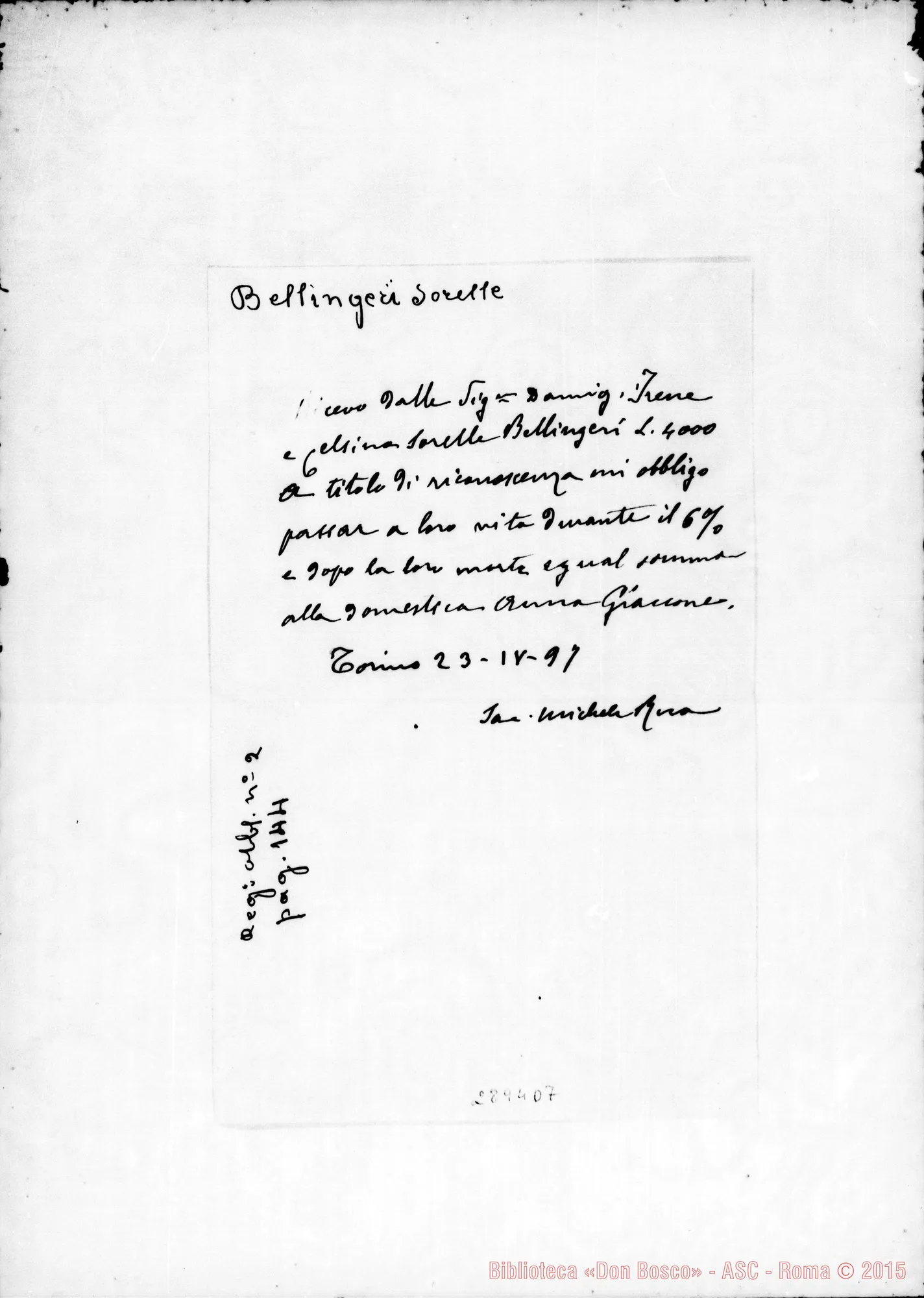 Fotogramma D 7 — Bellingeri Sorelle: Documento di mutuo. Ms. autogr. Rua. Torino, 23-04-1897