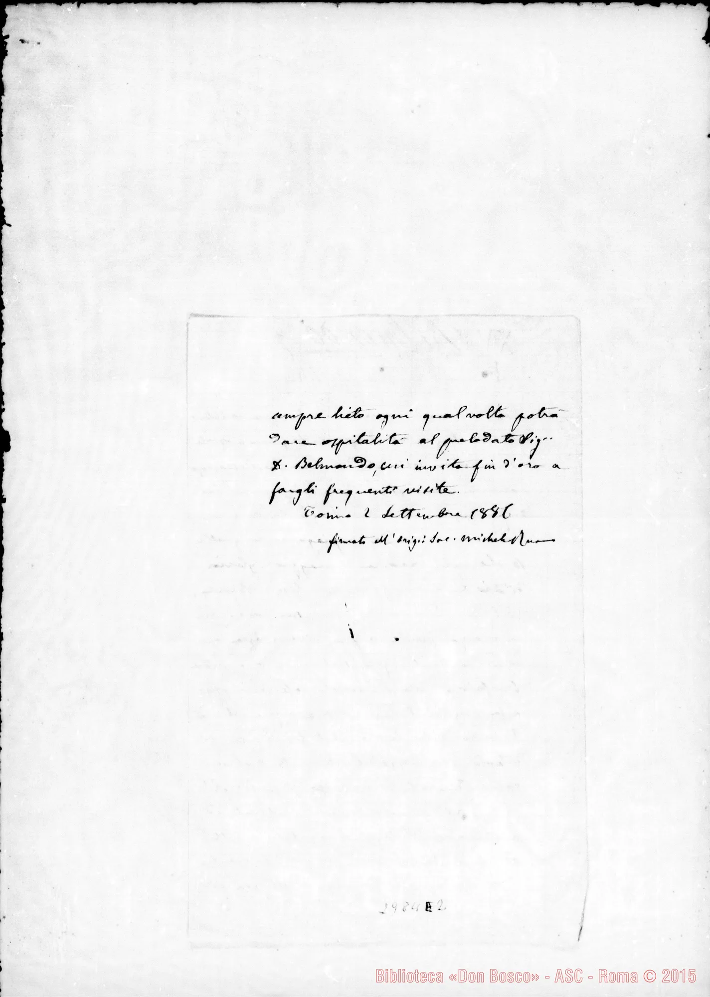 Fotogramma E 2 — Belmondo D. Giuseppe: Per le opere salesiane. Ms. autogr. Rua. Torino, 2-09-1886