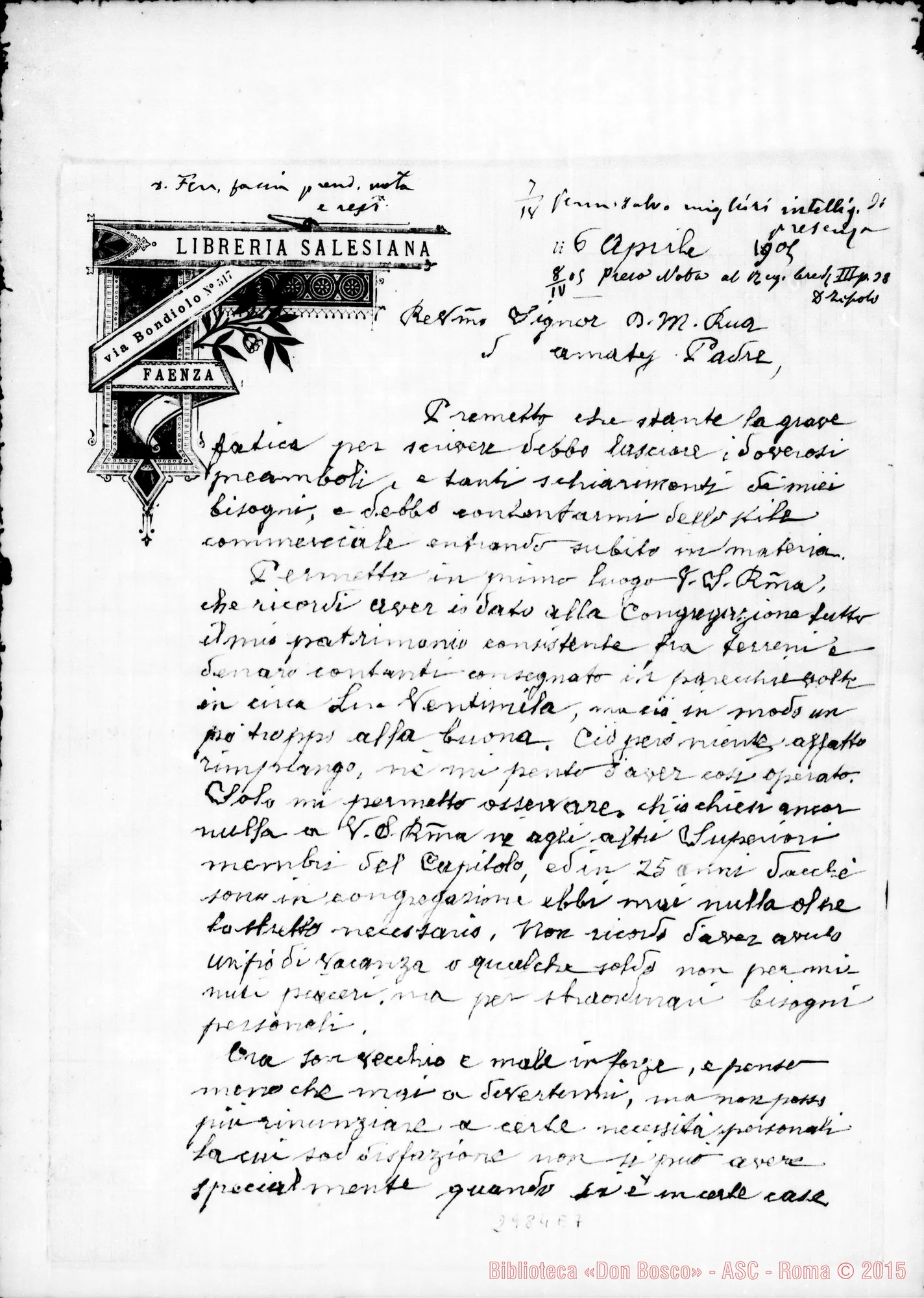 Fotogramma E 7 — Bertolè Carlo Felice: Bertolè - D. Rua. Autogr. Rua. Faenza, 6-04-1905