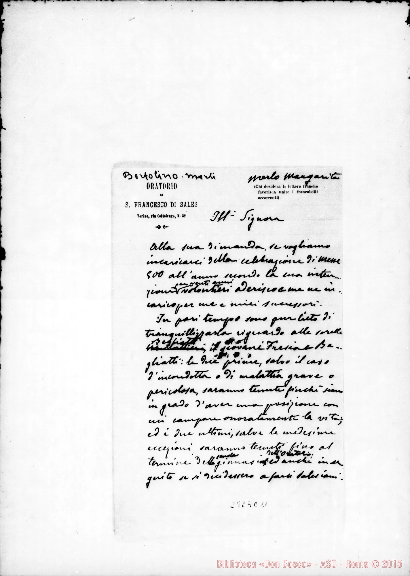 Fotogramma E 11 — Bertolino Merli Margarita: Per 500 messe. Ms. autogr. Rua