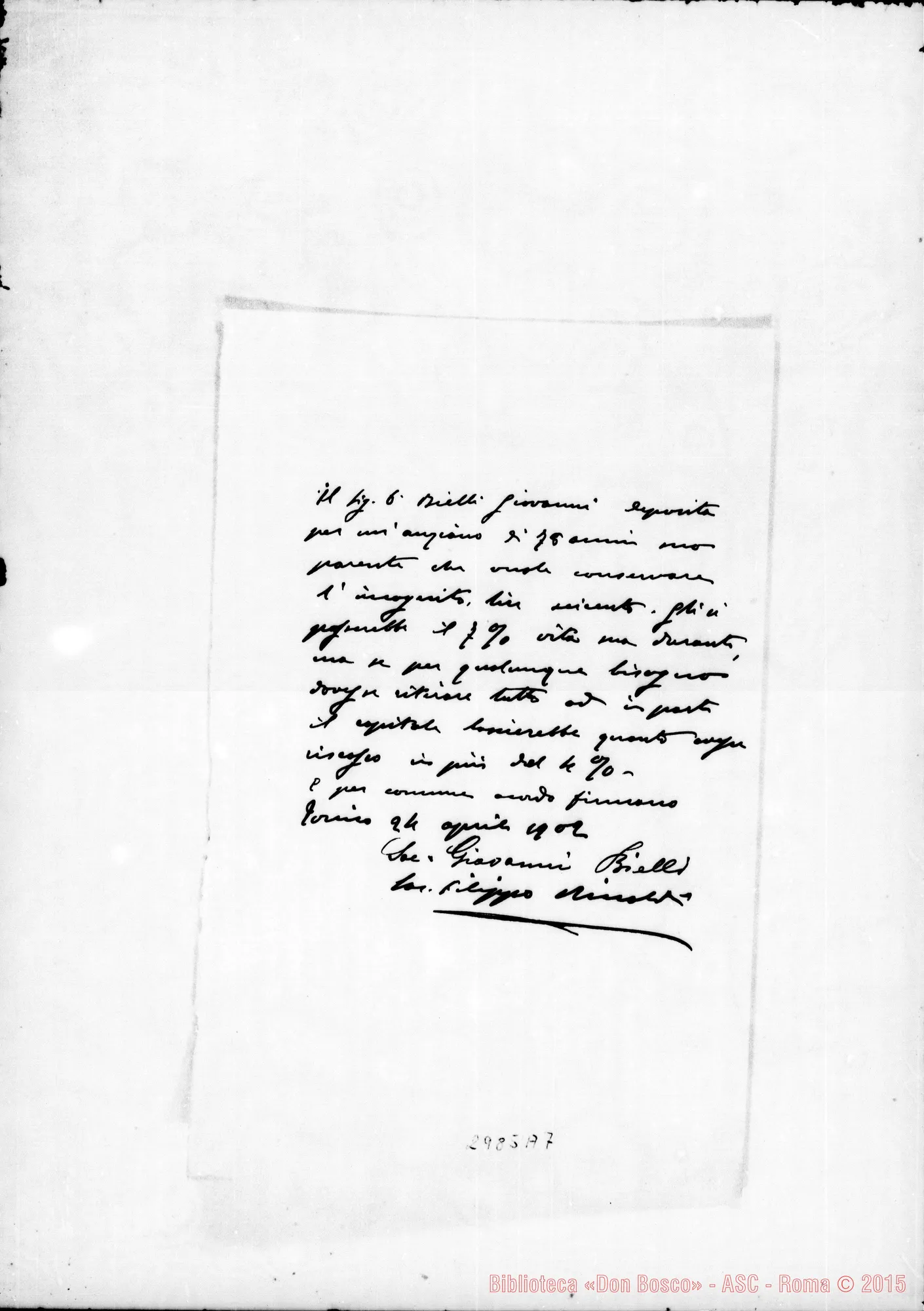 Fotogramma A 7 — Bielli Giovanni: Per vitalizio. Ms. autogr. Rinaldi. Torino, 24-04-1902
