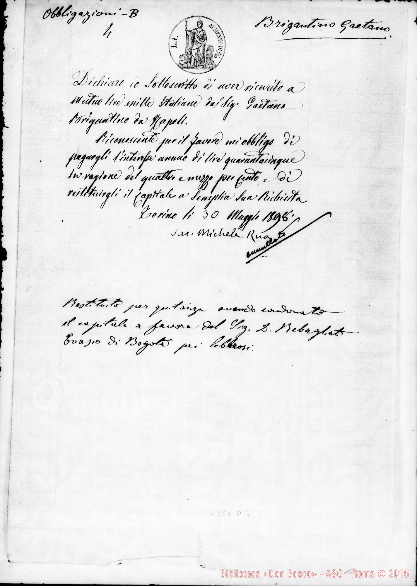 Fotogramma D 3 — Brigantino Gaetano: Ricevuta con firma autogr. Rua. Torino, 30-05-1898