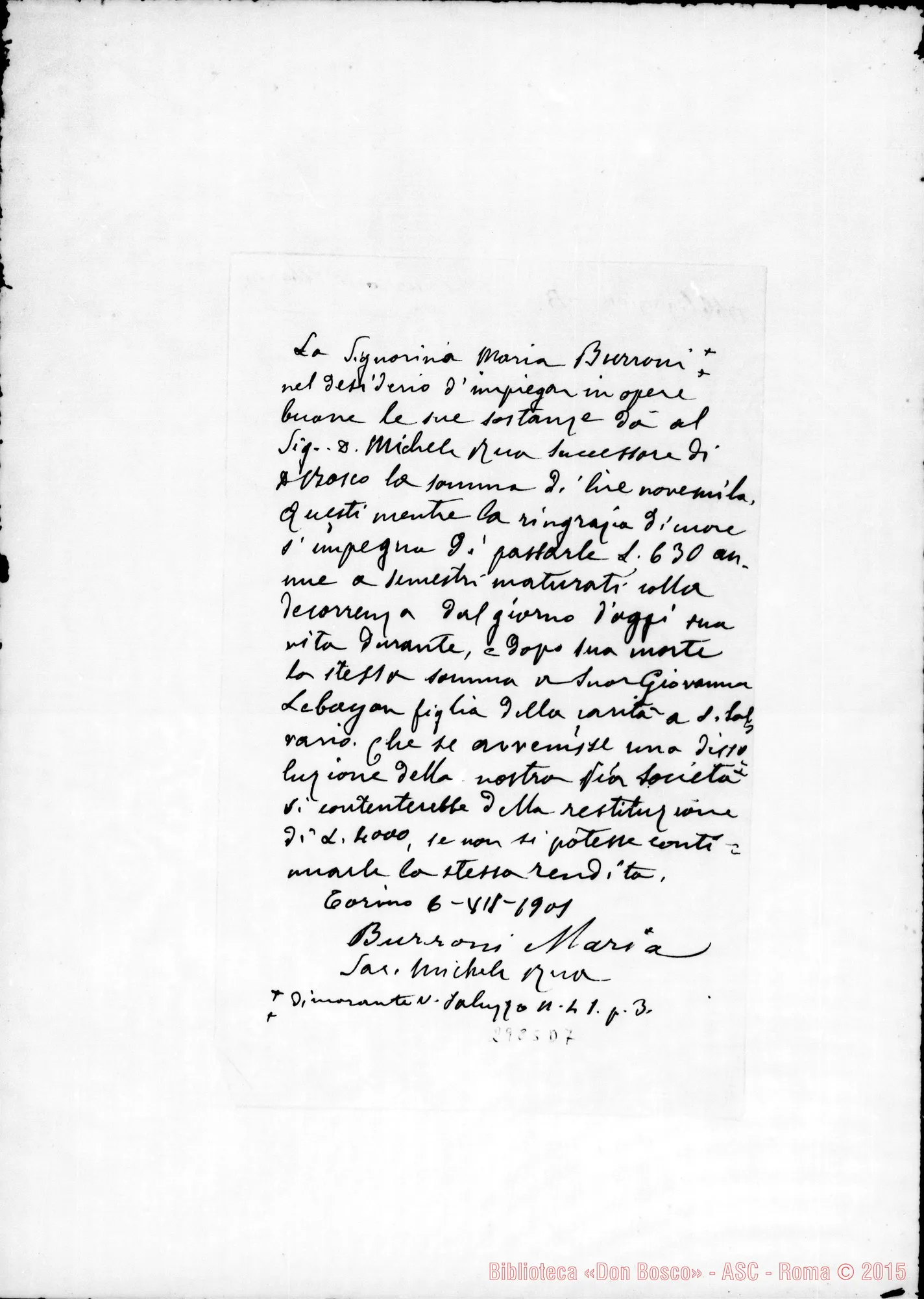 Fotogramma D 7 — Burroni Maria: Per opere buone. Ms. autogr. Rua. Torino, 6-07-1901