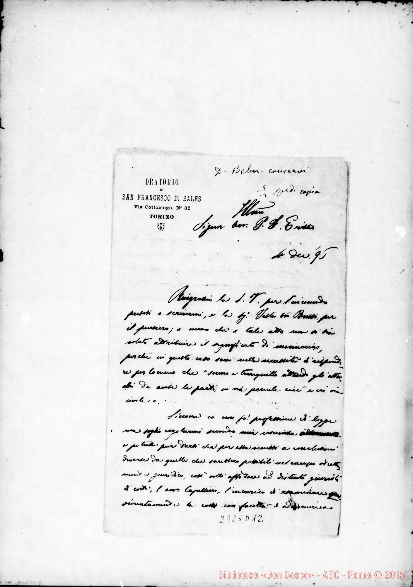 Fotogramma D 12 — Minuta di lettera di D. Rua all’Avv. P.F.E.