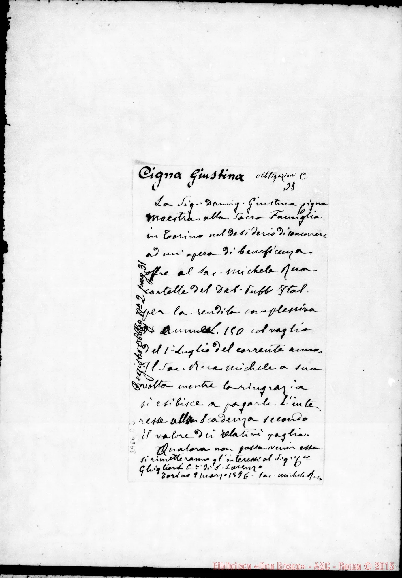 Fotogramma D 2 — Cigna Giustina: Per concorrere alle opere salesiane. Ms. autogr. Rua. 1896
